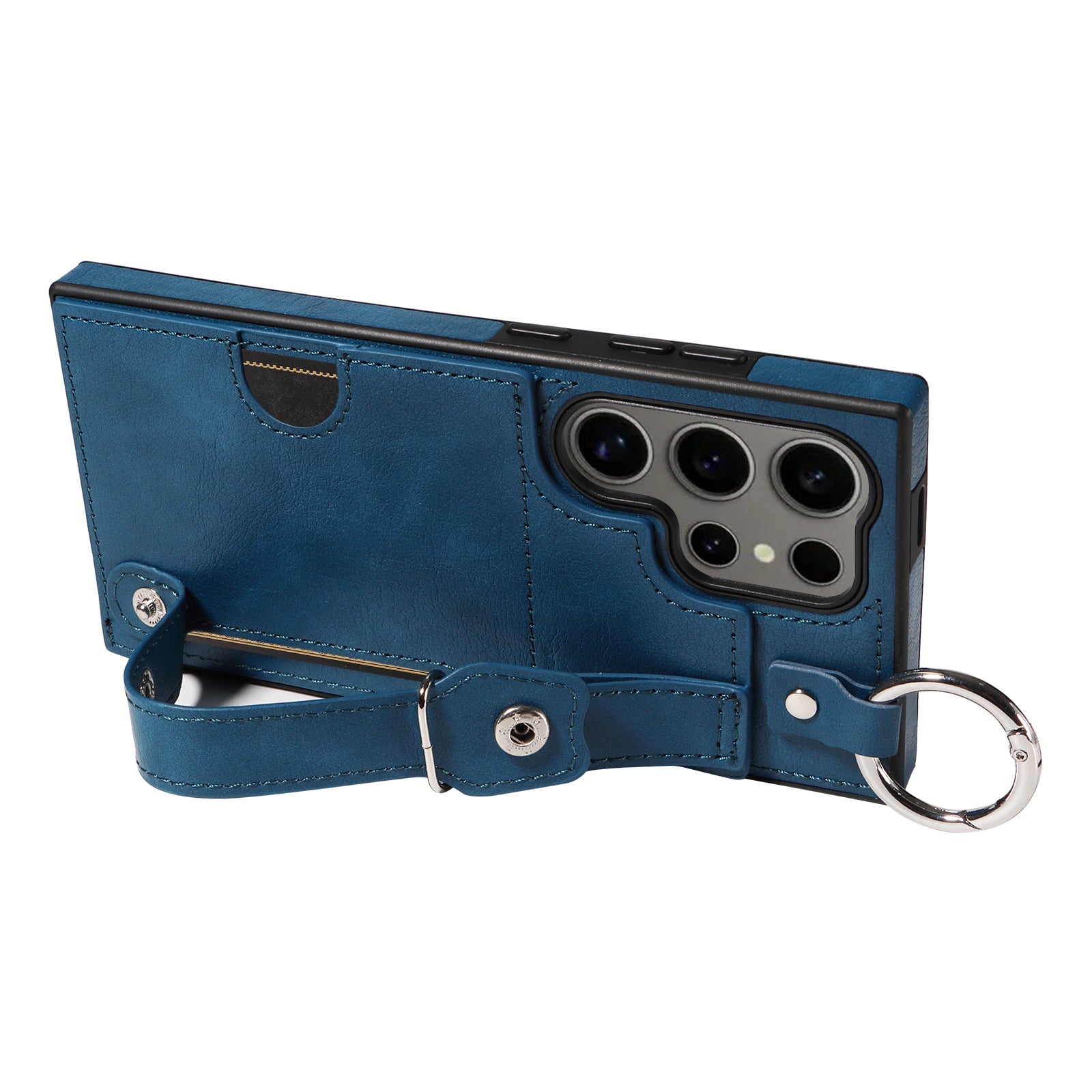 008 For Samsung Galaxy S24 Ultra Kickstand Case Leather TPU Phone Cover with Wrist Strap - Blue