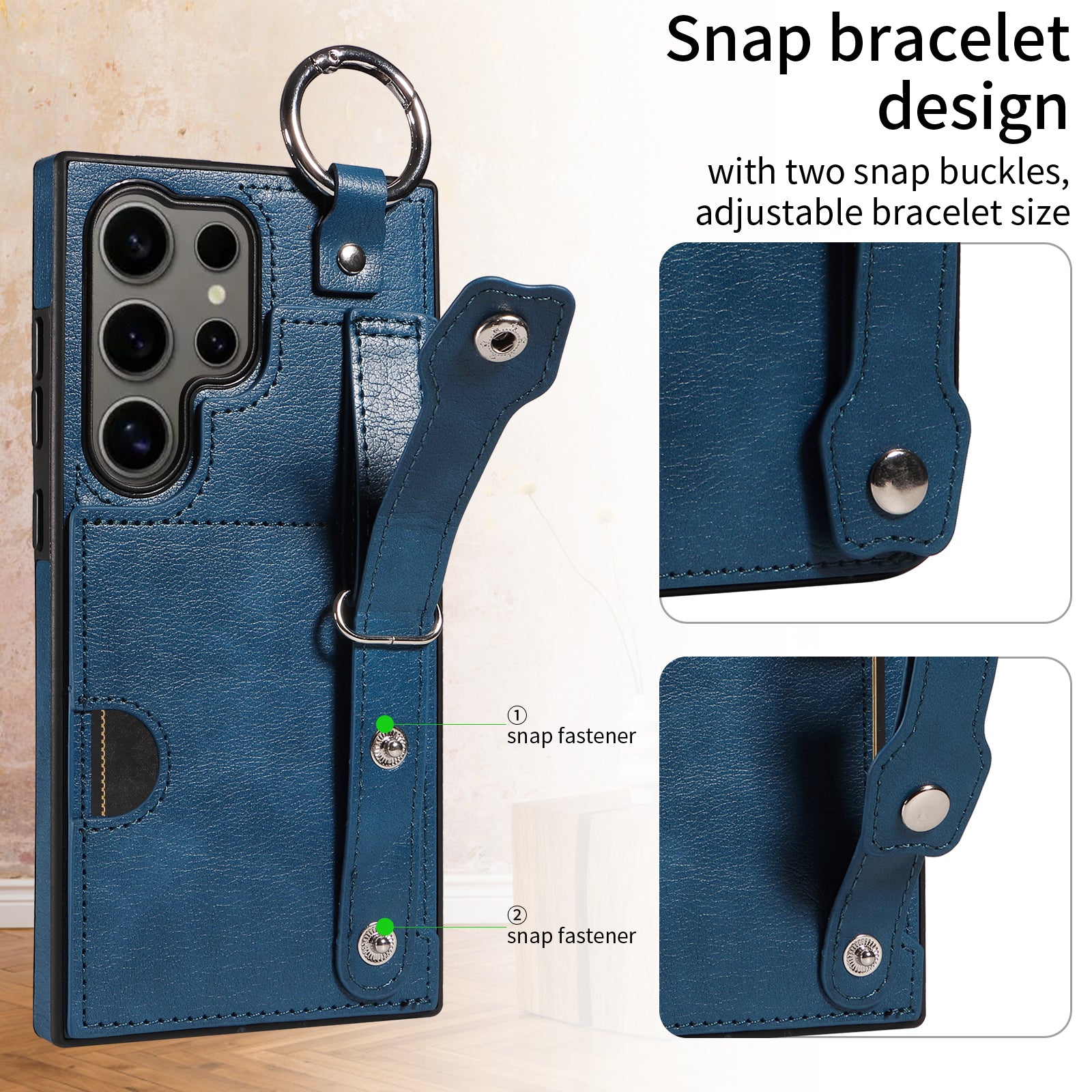 008 For Samsung Galaxy S24 Ultra Kickstand Case Leather TPU Phone Cover with Wrist Strap - Blue