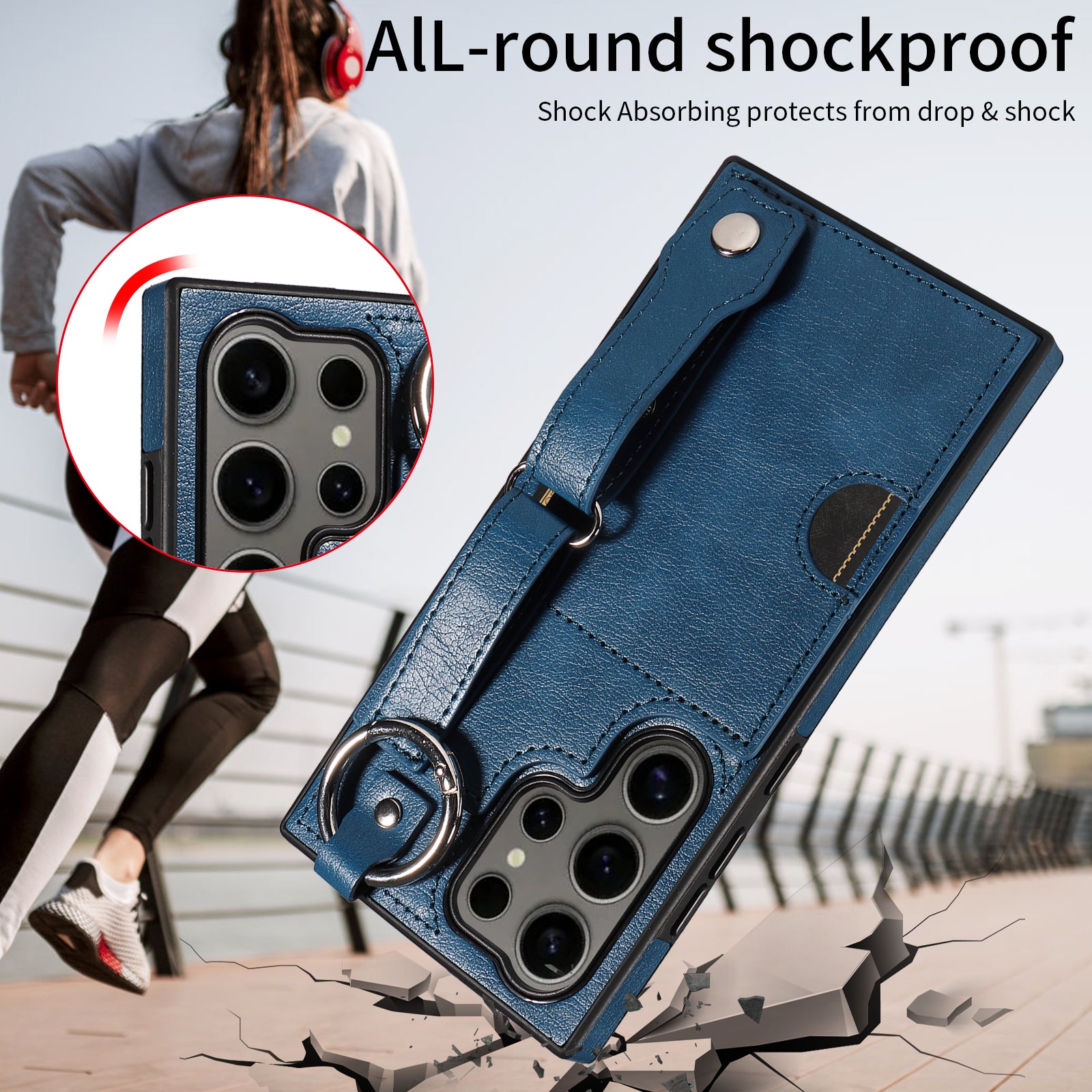 008 For Samsung Galaxy S24 Ultra Kickstand Case Leather TPU Phone Cover with Wrist Strap - Blue