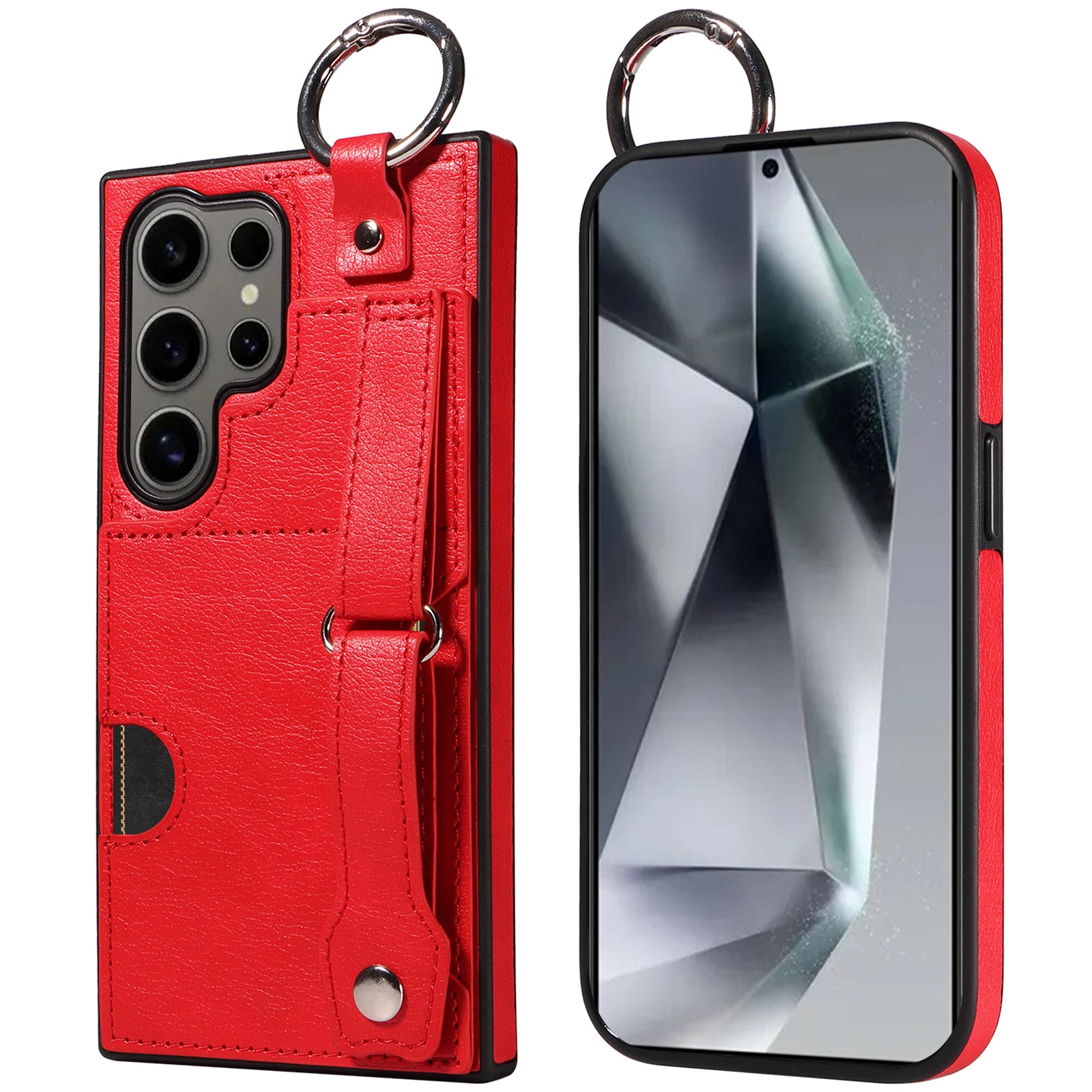 008 For Samsung Galaxy S24 Ultra Kickstand Case Leather TPU Phone Cover with Wrist Strap - Red