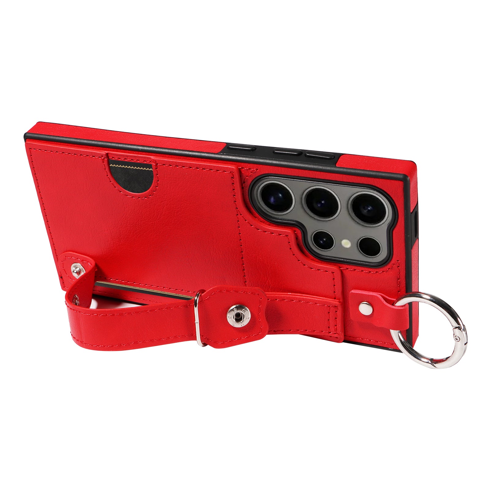 008 For Samsung Galaxy S24 Ultra Kickstand Case Leather TPU Phone Cover with Wrist Strap - Red