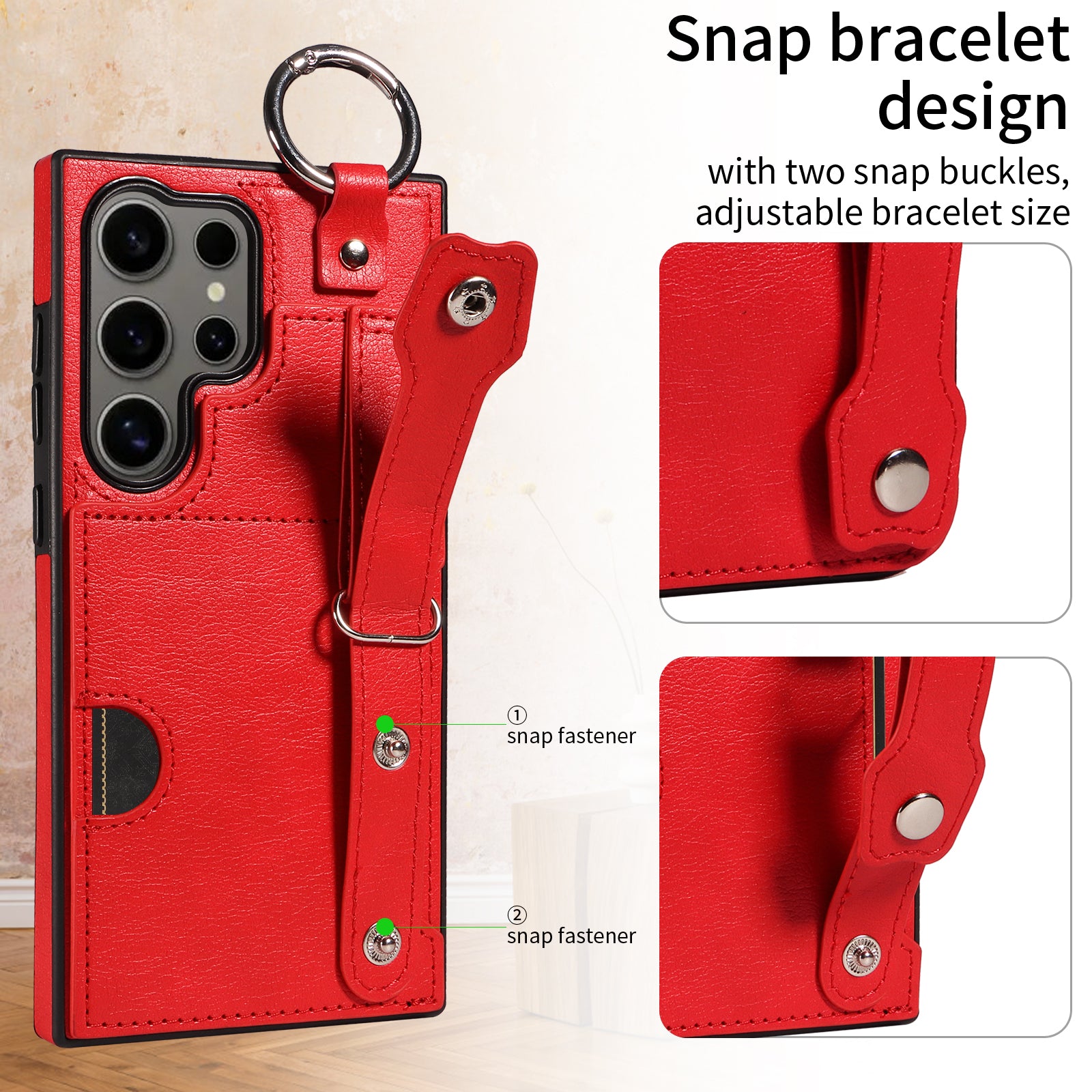 008 For Samsung Galaxy S24 Ultra Kickstand Case Leather TPU Phone Cover with Wrist Strap - Red