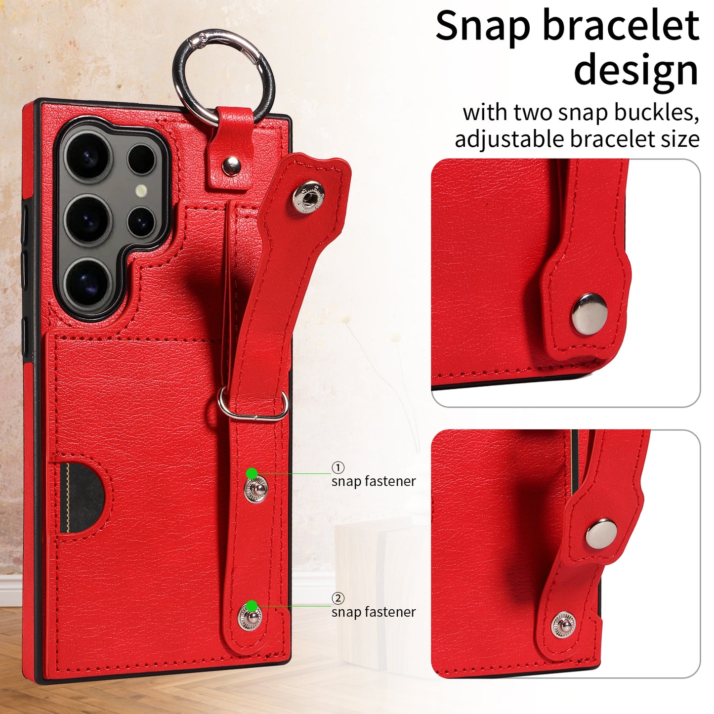 008 For Samsung Galaxy S24 Ultra Kickstand Case Leather TPU Phone Cover with Wrist Strap - Red