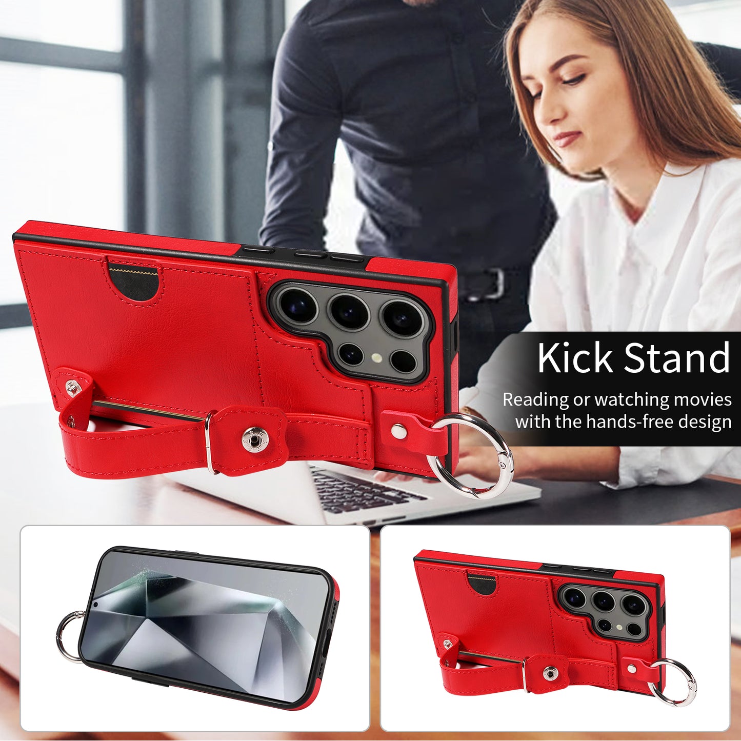008 For Samsung Galaxy S24 Ultra Kickstand Case Leather TPU Phone Cover with Wrist Strap - Red