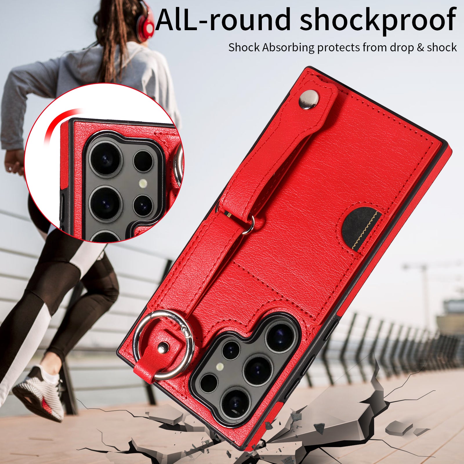 008 For Samsung Galaxy S24 Ultra Kickstand Case Leather TPU Phone Cover with Wrist Strap - Red