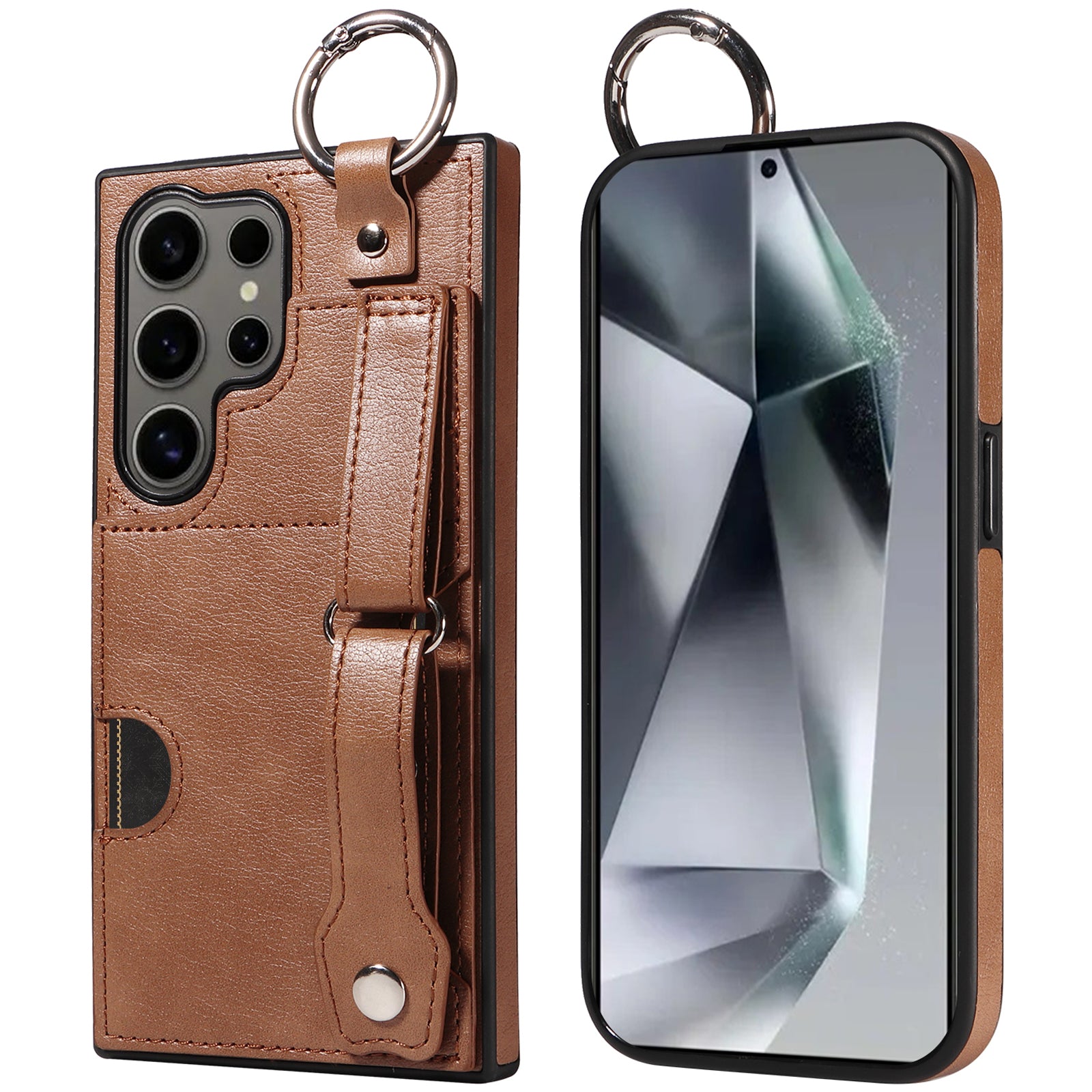 008 For Samsung Galaxy S24 Ultra Kickstand Case Leather TPU Phone Cover with Wrist Strap - Brown