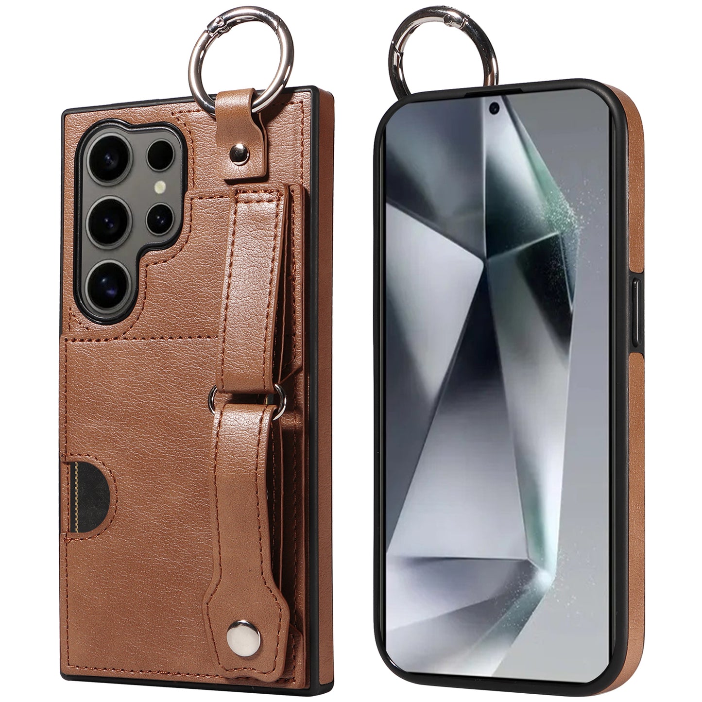 008 For Samsung Galaxy S24 Ultra Kickstand Case Leather TPU Phone Cover with Wrist Strap - Brown