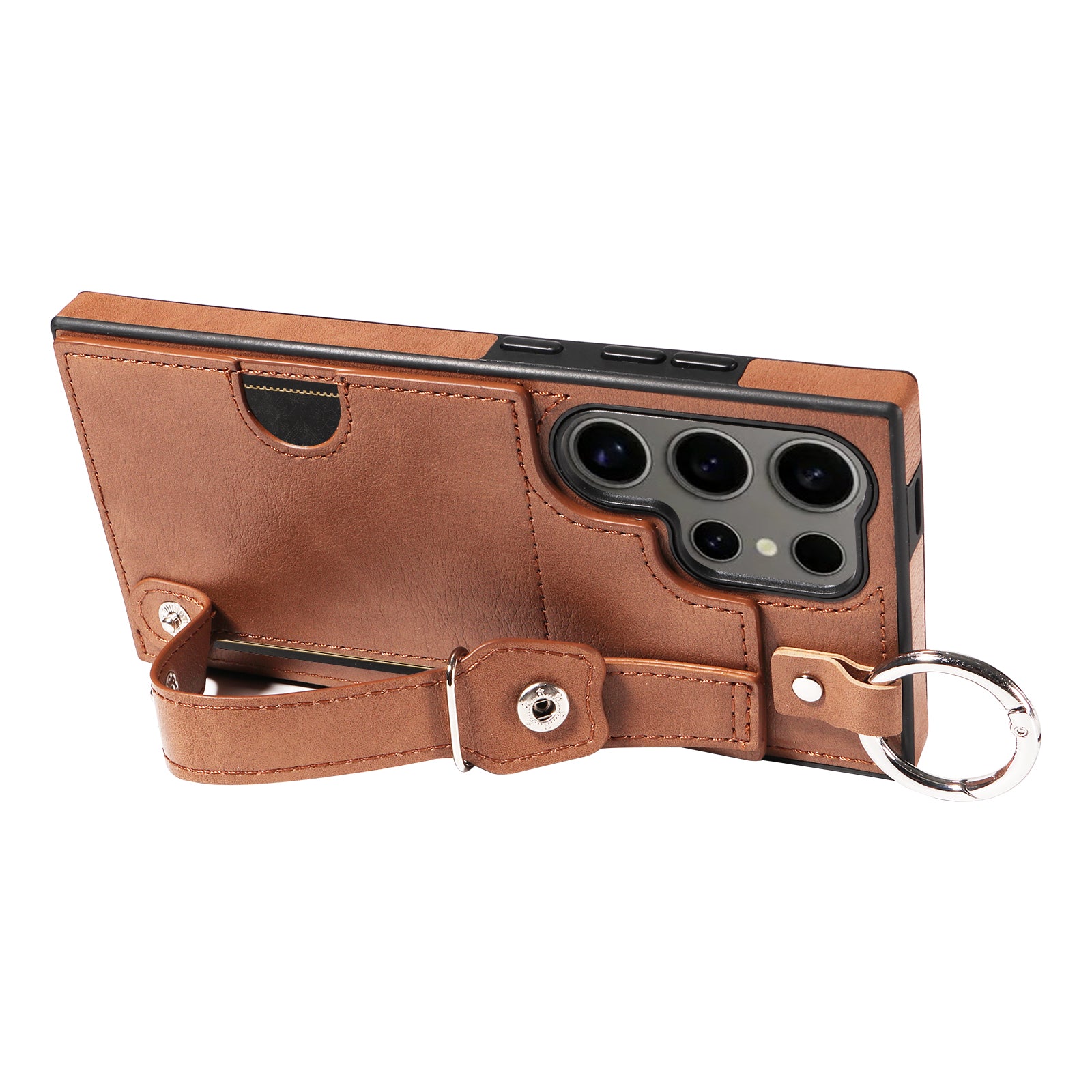 008 For Samsung Galaxy S24 Ultra Kickstand Case Leather TPU Phone Cover with Wrist Strap - Brown