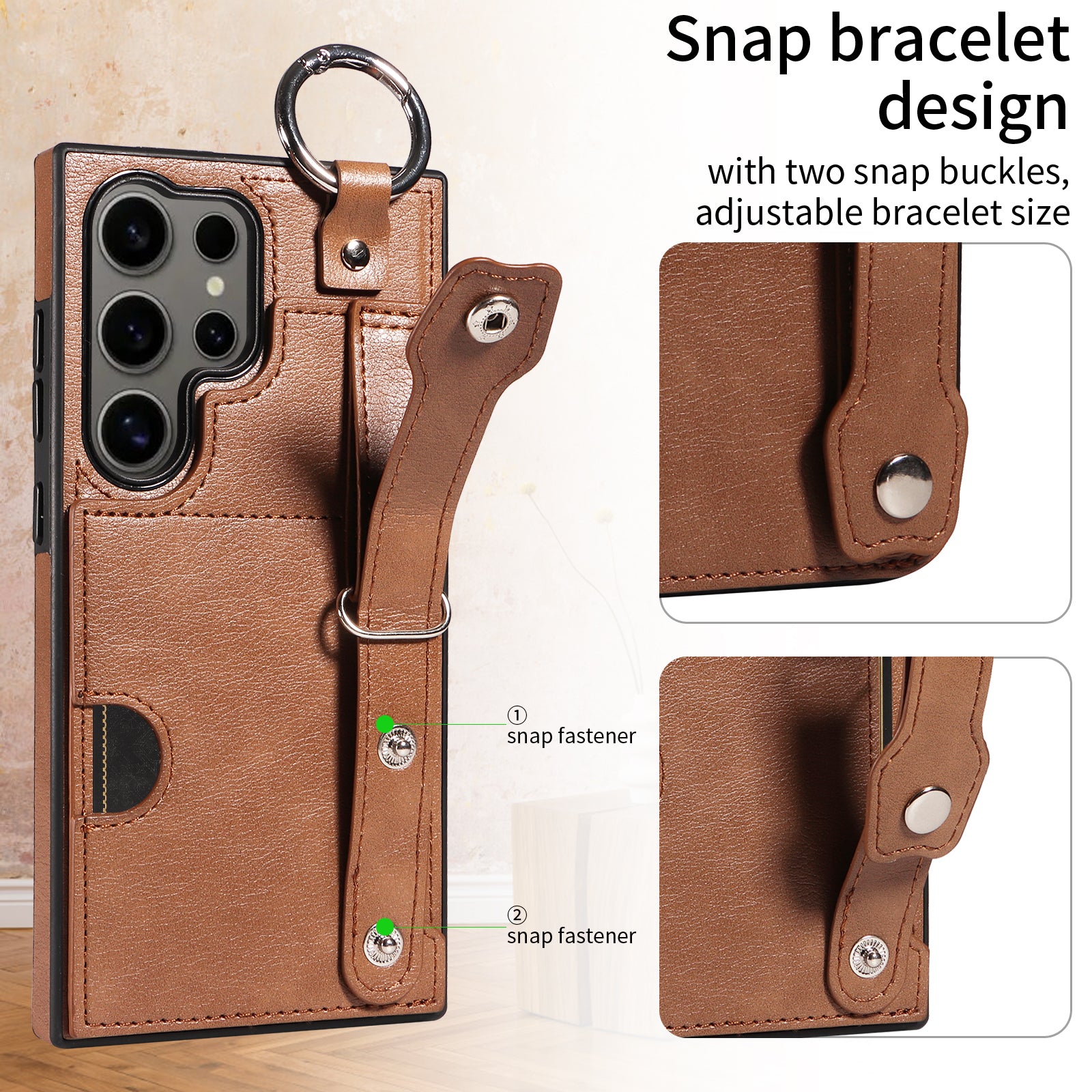 008 For Samsung Galaxy S24 Ultra Kickstand Case Leather TPU Phone Cover with Wrist Strap - Brown