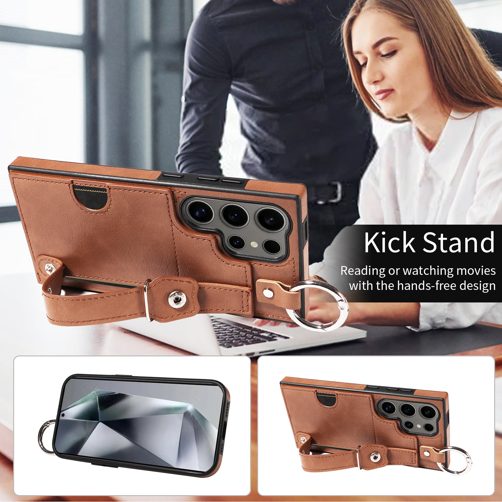 008 For Samsung Galaxy S24 Ultra Kickstand Case Leather TPU Phone Cover with Wrist Strap - Brown