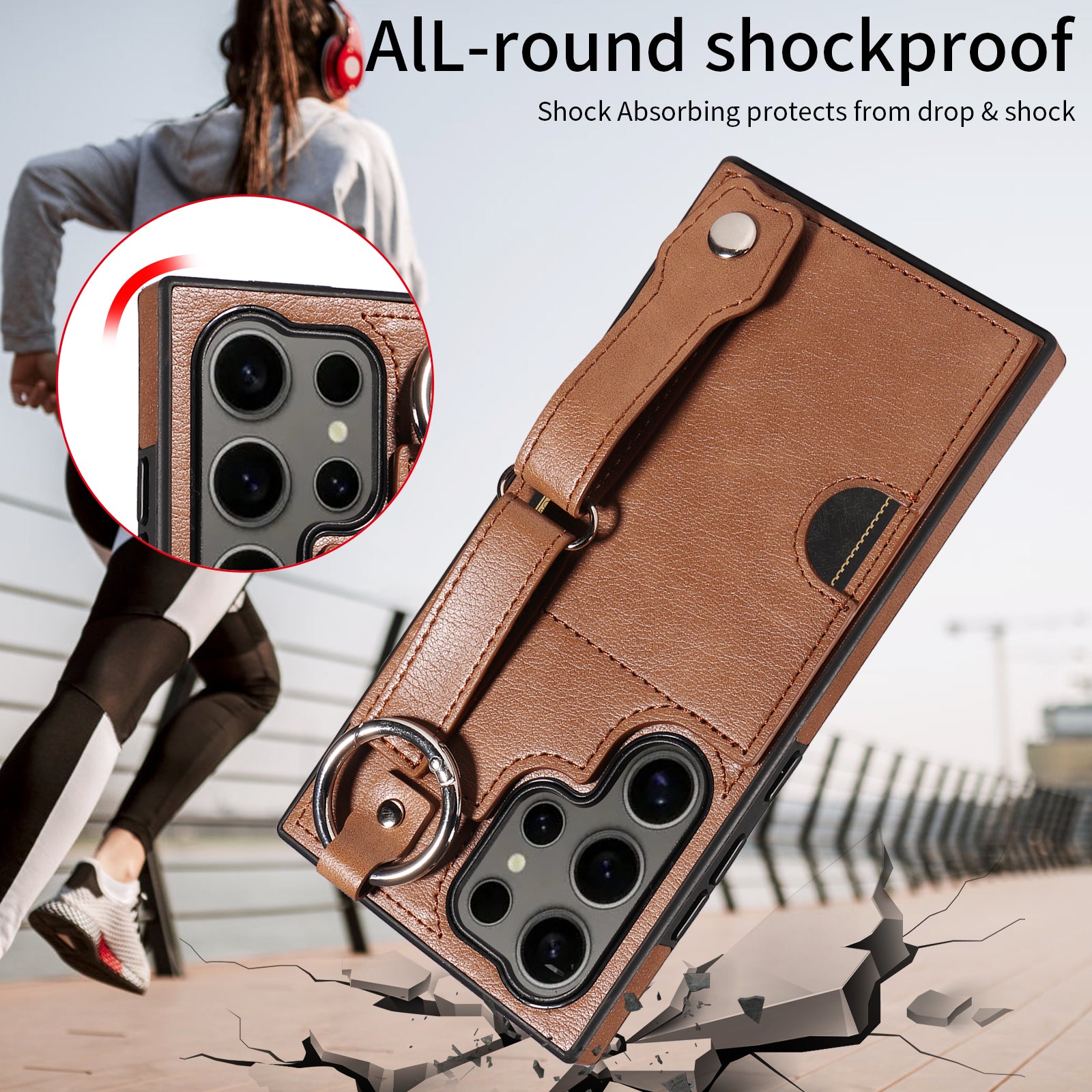 008 For Samsung Galaxy S24 Ultra Kickstand Case Leather TPU Phone Cover with Wrist Strap - Brown