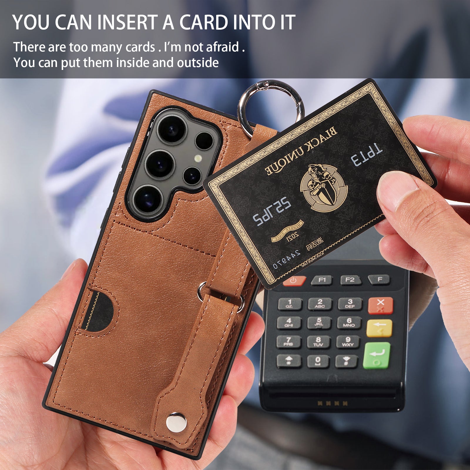 008 For Samsung Galaxy S24 Ultra Kickstand Case Leather TPU Phone Cover with Wrist Strap - Brown