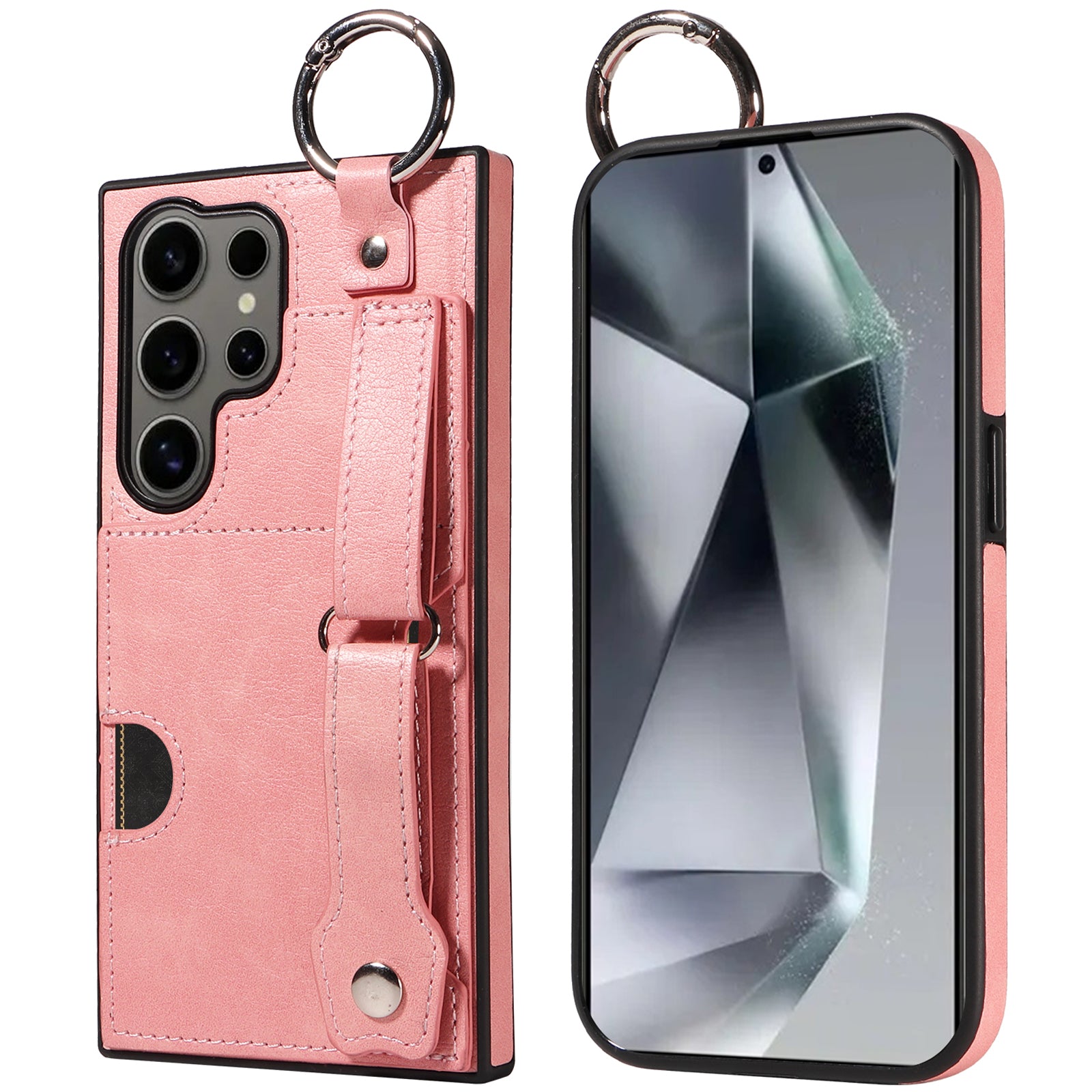 008 For Samsung Galaxy S24 Ultra Kickstand Case Leather TPU Phone Cover with Wrist Strap - Pink