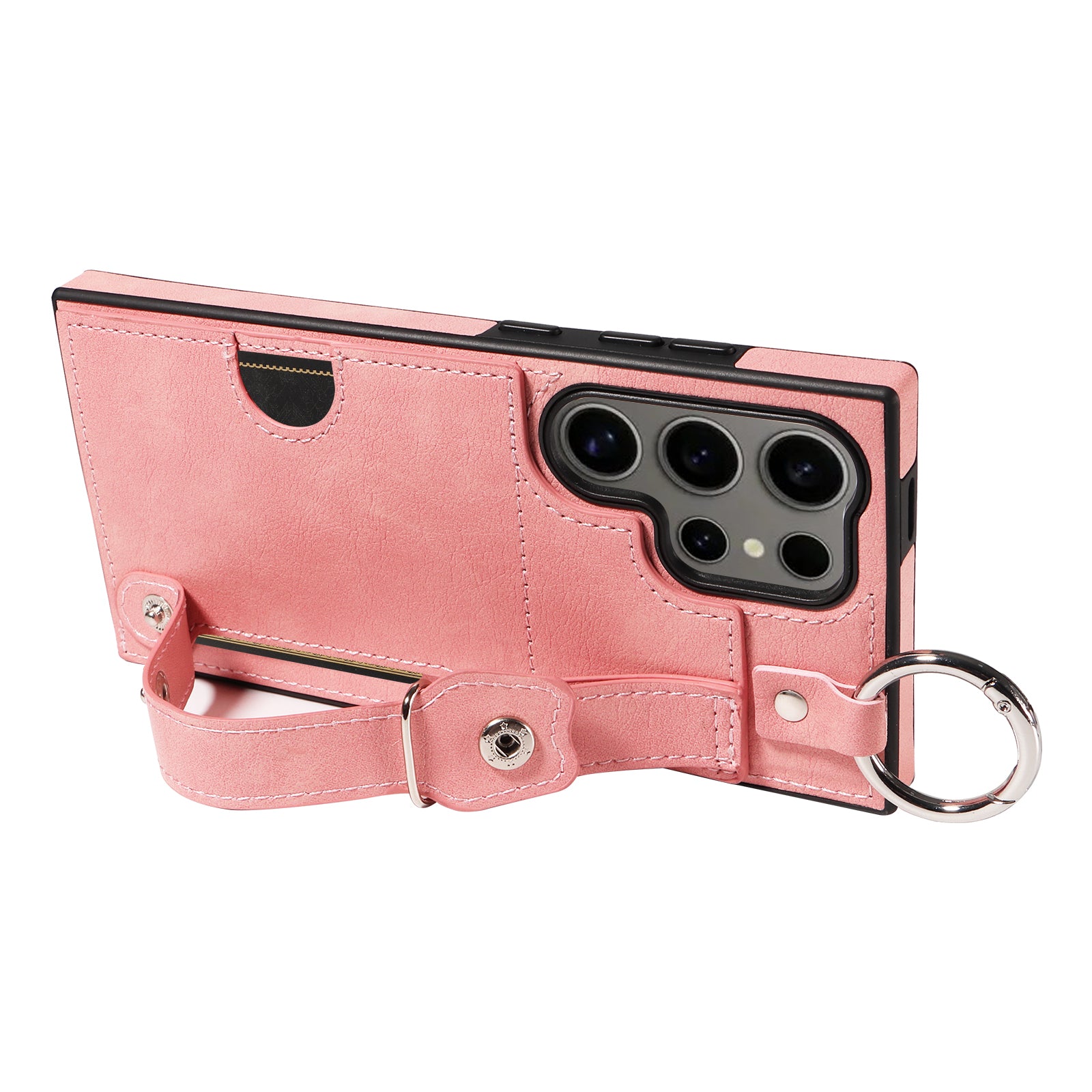 008 For Samsung Galaxy S24 Ultra Kickstand Case Leather TPU Phone Cover with Wrist Strap - Pink