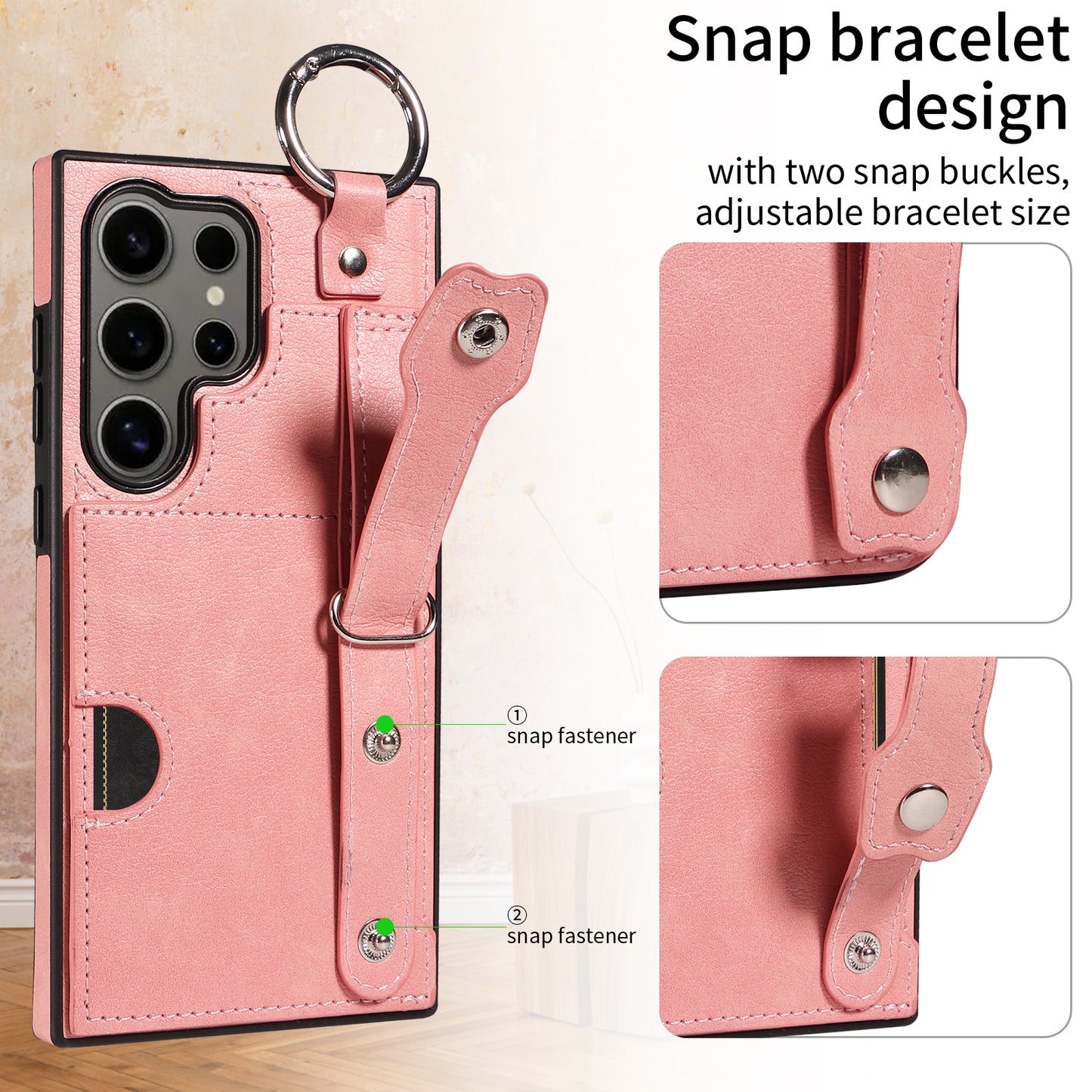008 For Samsung Galaxy S24 Ultra Kickstand Case Leather TPU Phone Cover with Wrist Strap - Pink