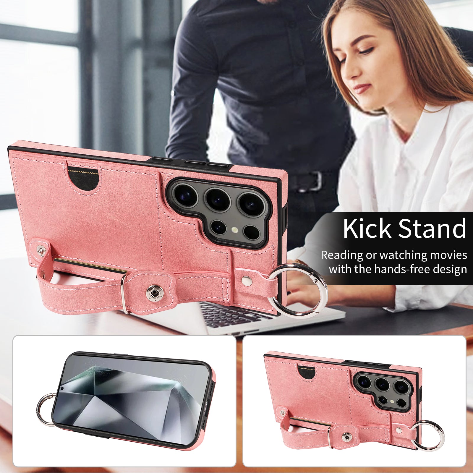 008 For Samsung Galaxy S24 Ultra Kickstand Case Leather TPU Phone Cover with Wrist Strap - Pink