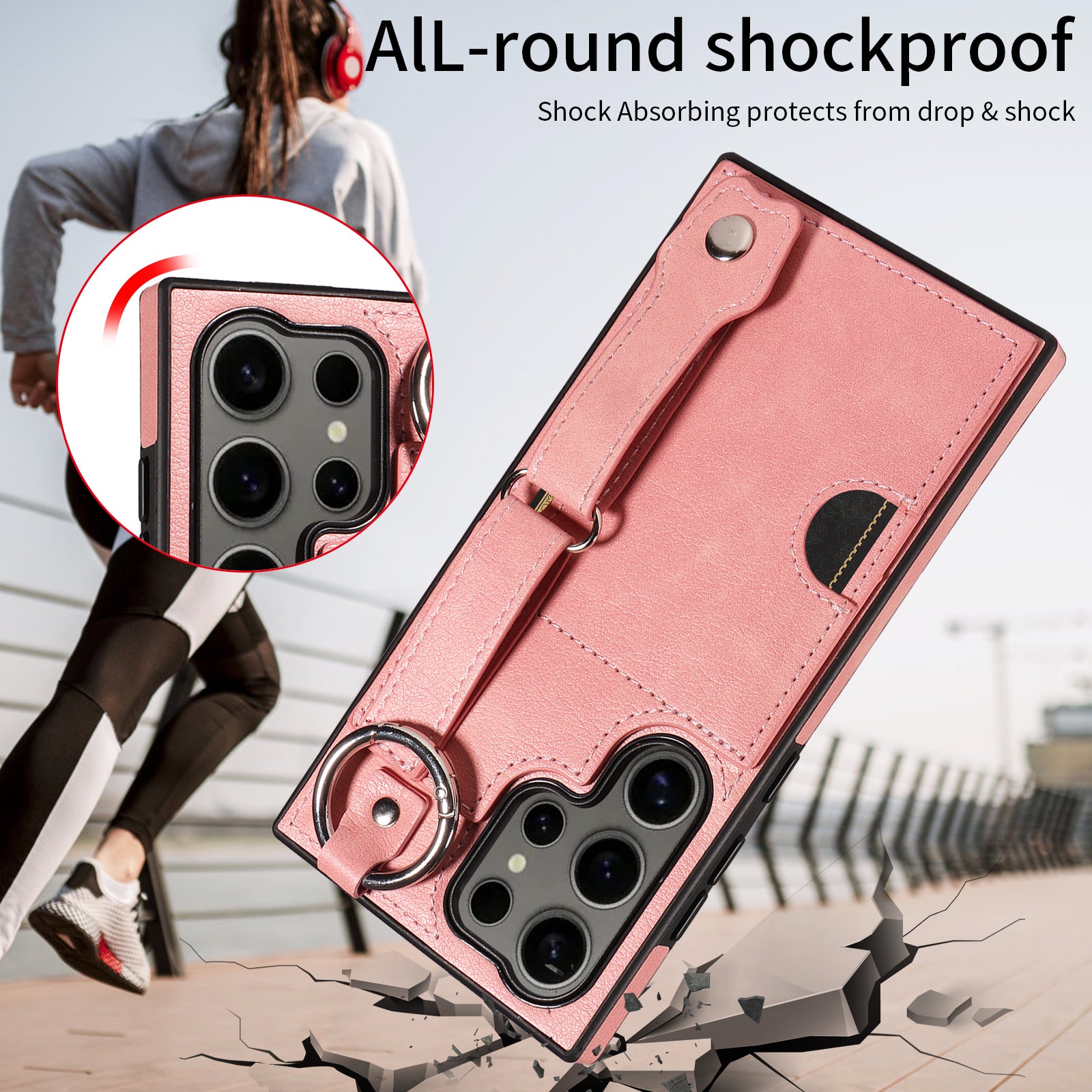 008 For Samsung Galaxy S24 Ultra Kickstand Case Leather TPU Phone Cover with Wrist Strap - Pink