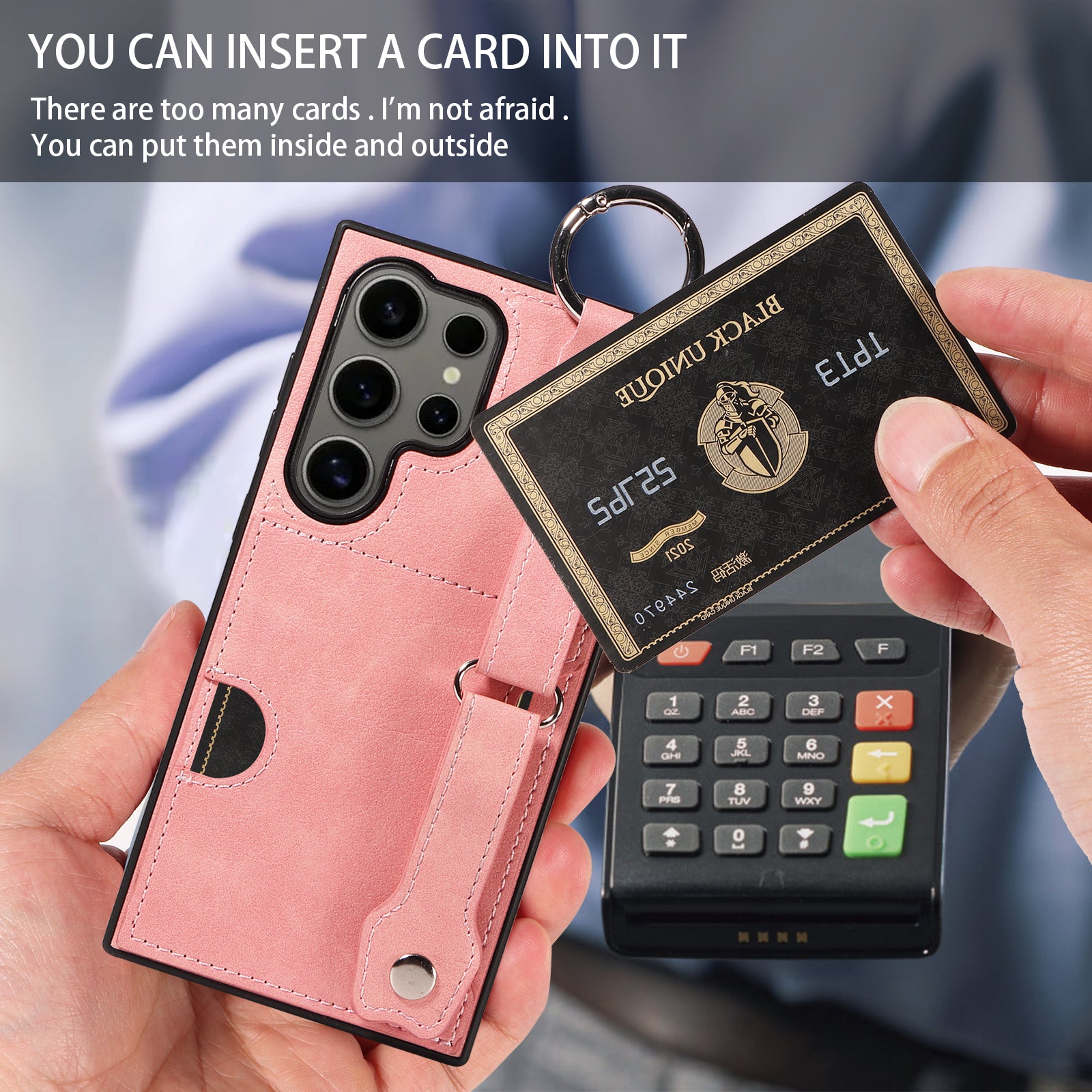008 For Samsung Galaxy S24 Ultra Kickstand Case Leather TPU Phone Cover with Wrist Strap - Pink