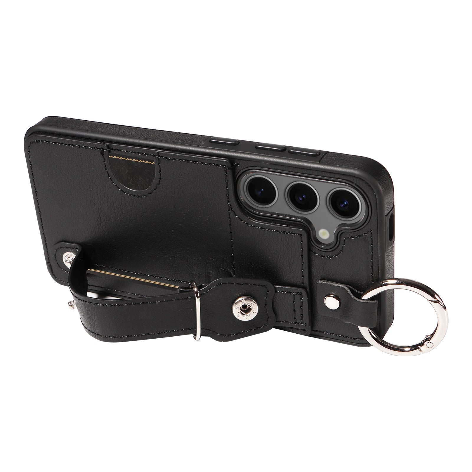 008 For Samsung Galaxy S24 Case Leather Coated TPU Shockproof Phone Cover with Kickstand - Black