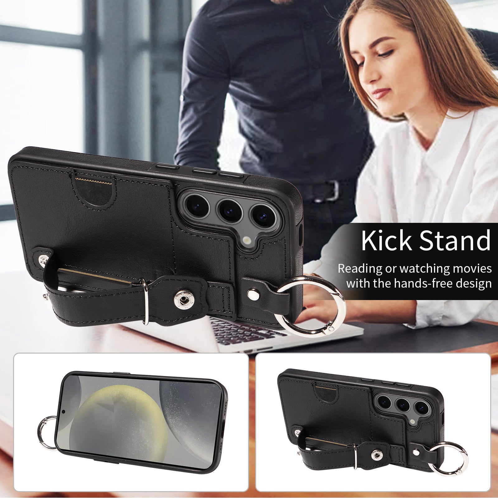 008 For Samsung Galaxy S24 Case Leather Coated TPU Shockproof Phone Cover with Kickstand - Black