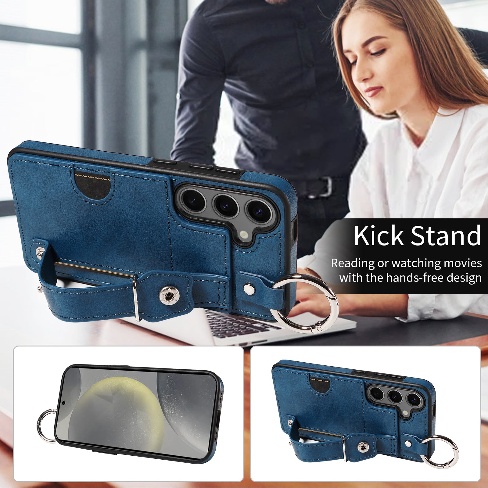 008 For Samsung Galaxy S24 Case Leather Coated TPU Shockproof Phone Cover with Kickstand - Blue