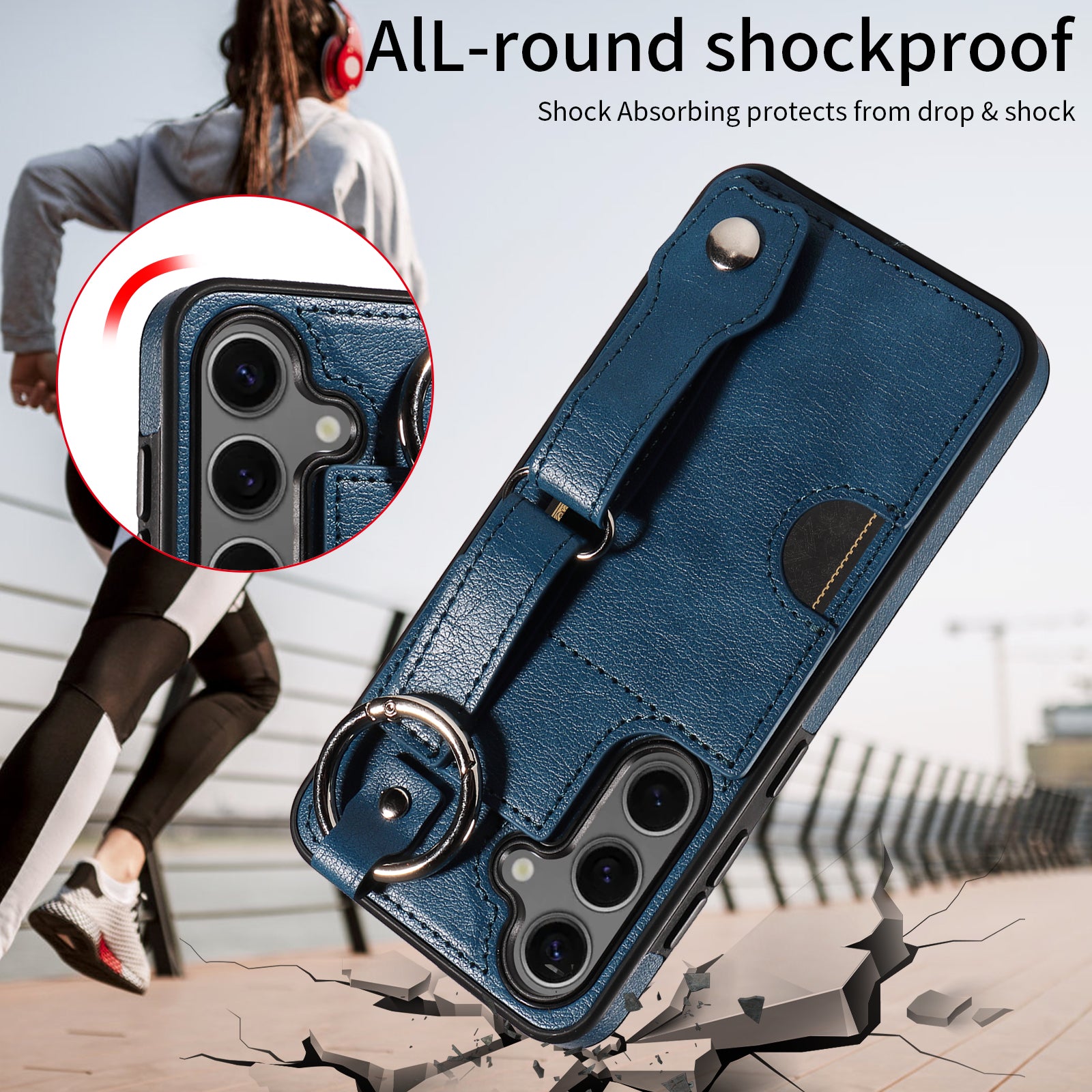 008 For Samsung Galaxy S24 Case Leather Coated TPU Shockproof Phone Cover with Kickstand - Blue
