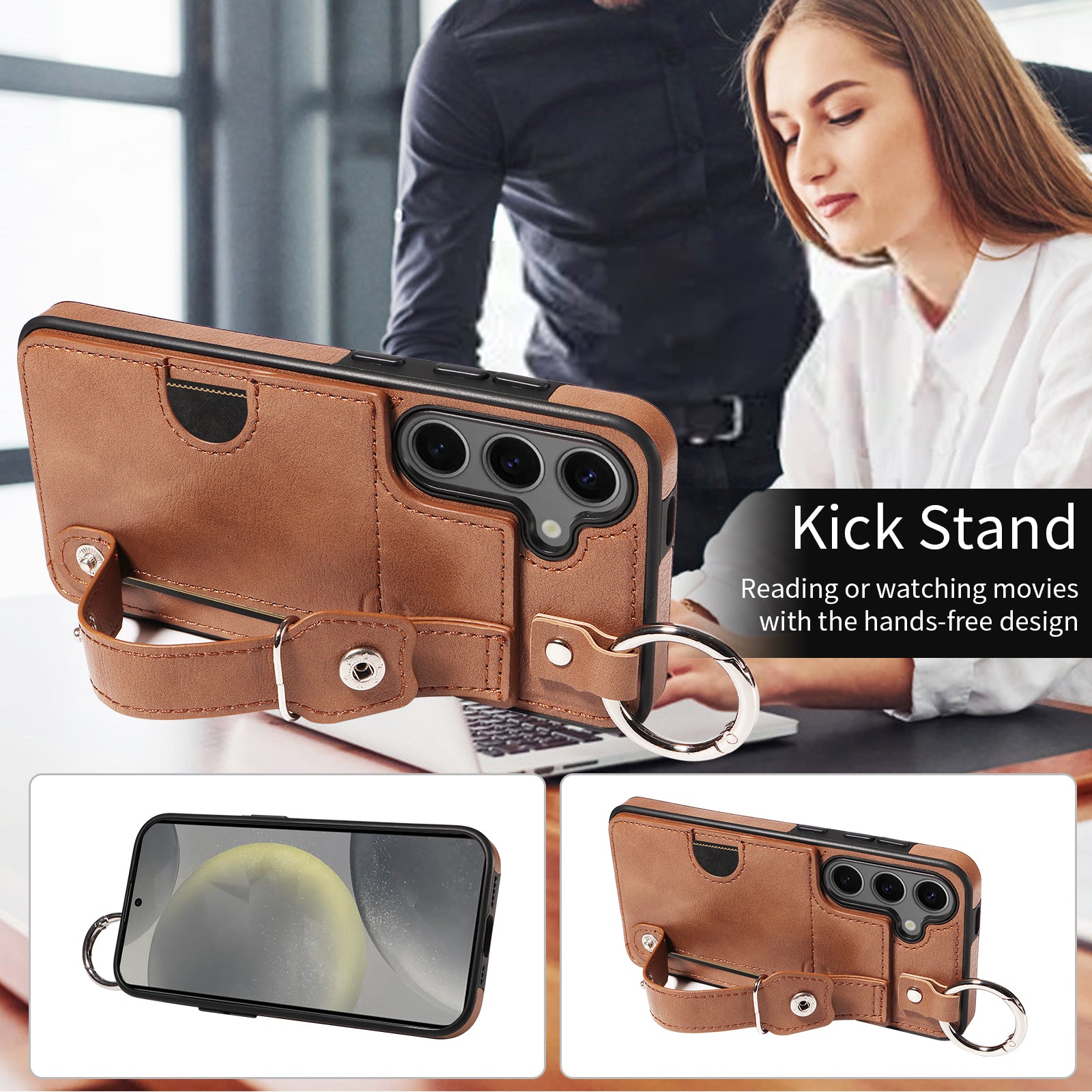 008 For Samsung Galaxy S24 Case Leather Coated TPU Shockproof Phone Cover with Kickstand - Brown