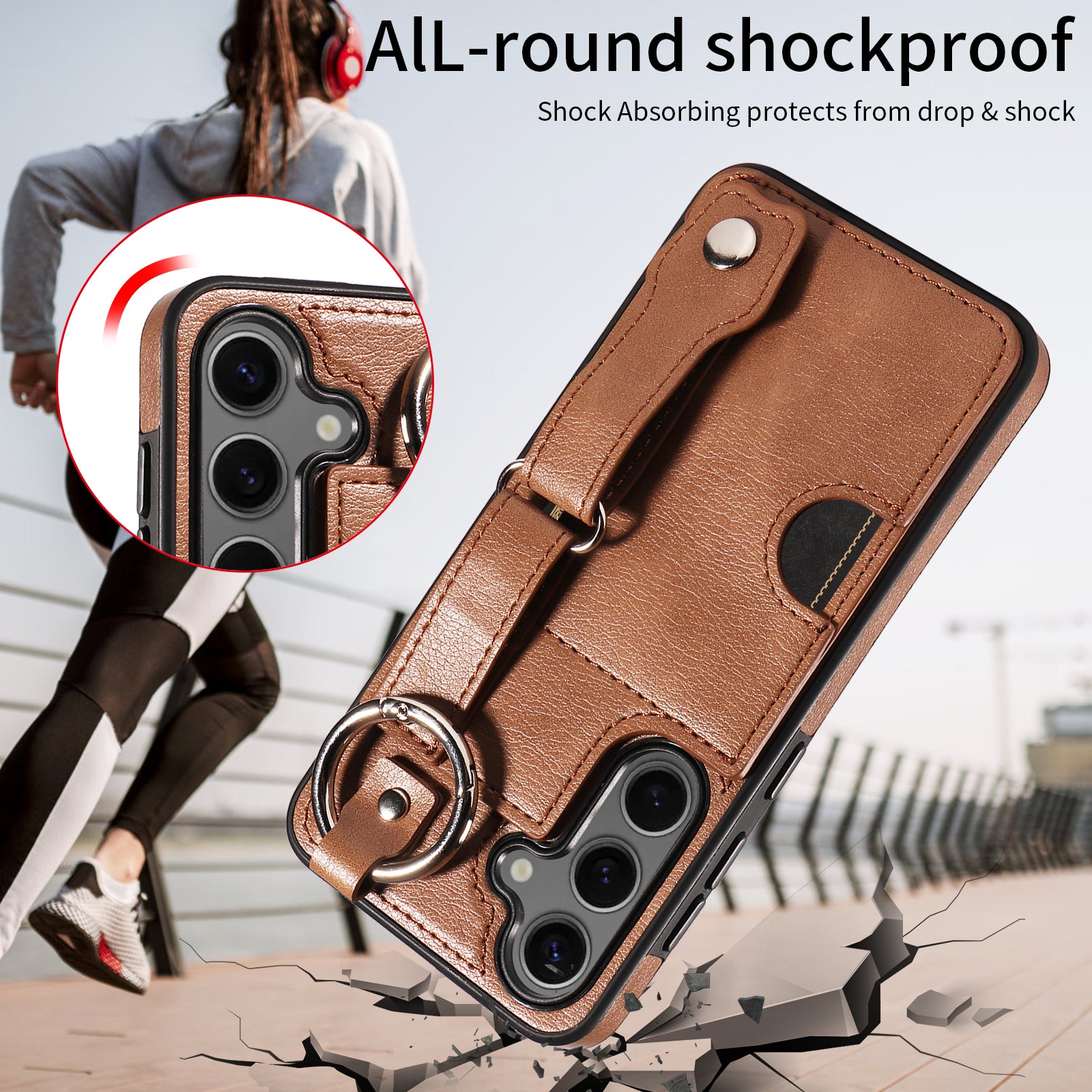008 For Samsung Galaxy S24 Case Leather Coated TPU Shockproof Phone Cover with Kickstand - Brown