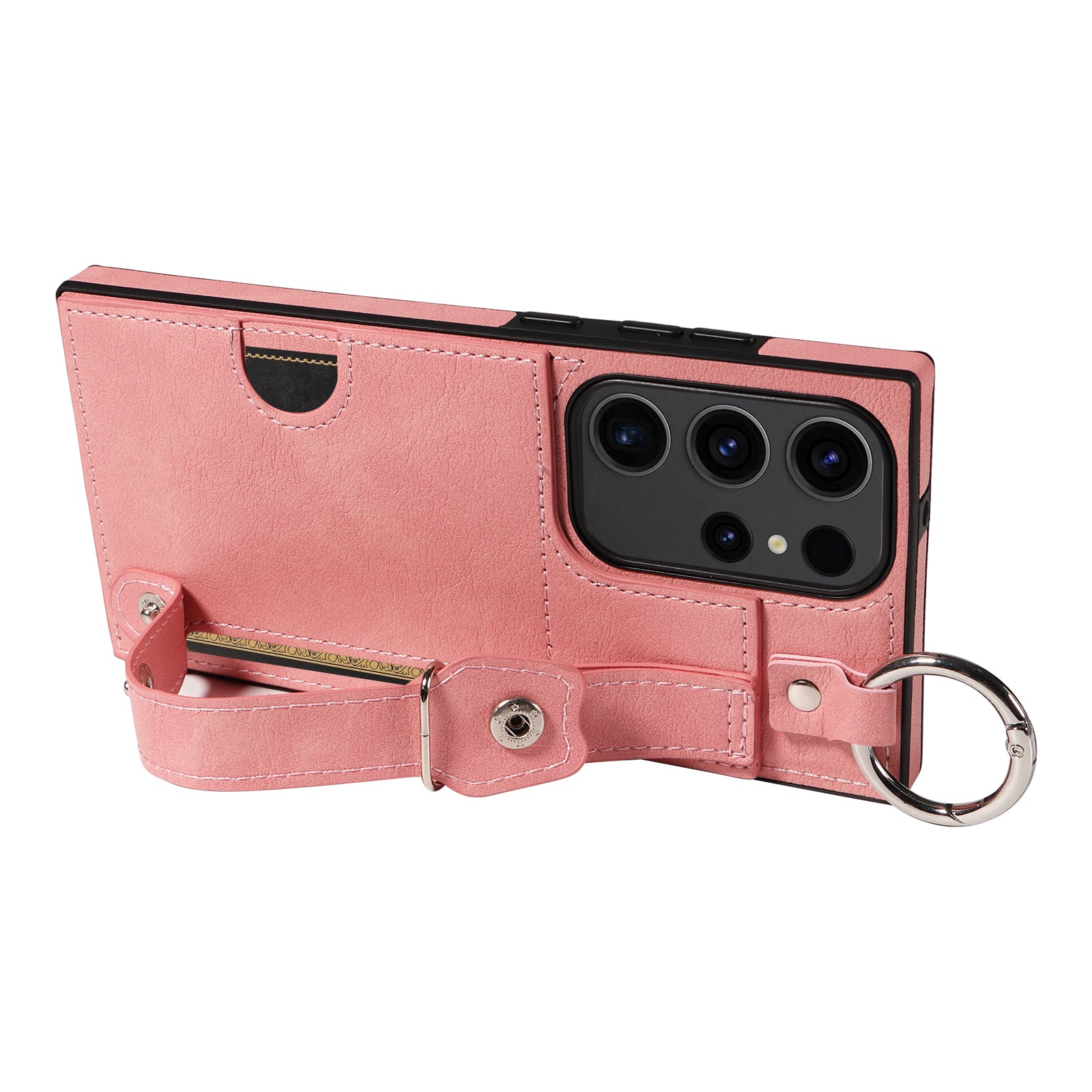 008 For Samsung Galaxy S23 Ultra Case Calf Texture Leather TPU Phone Cover with Kickstand - Pink