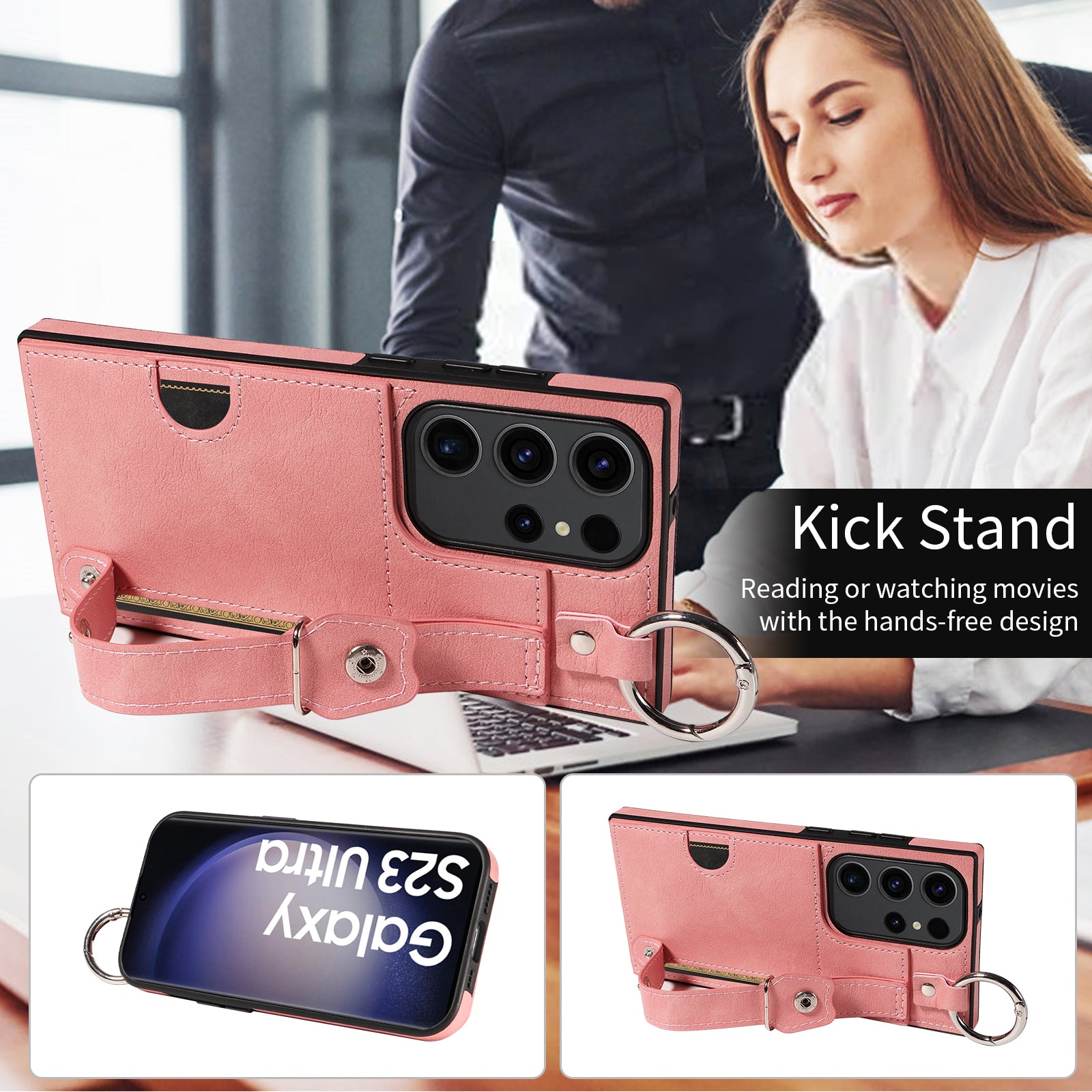 008 For Samsung Galaxy S23 Ultra Case Calf Texture Leather TPU Phone Cover with Kickstand - Pink