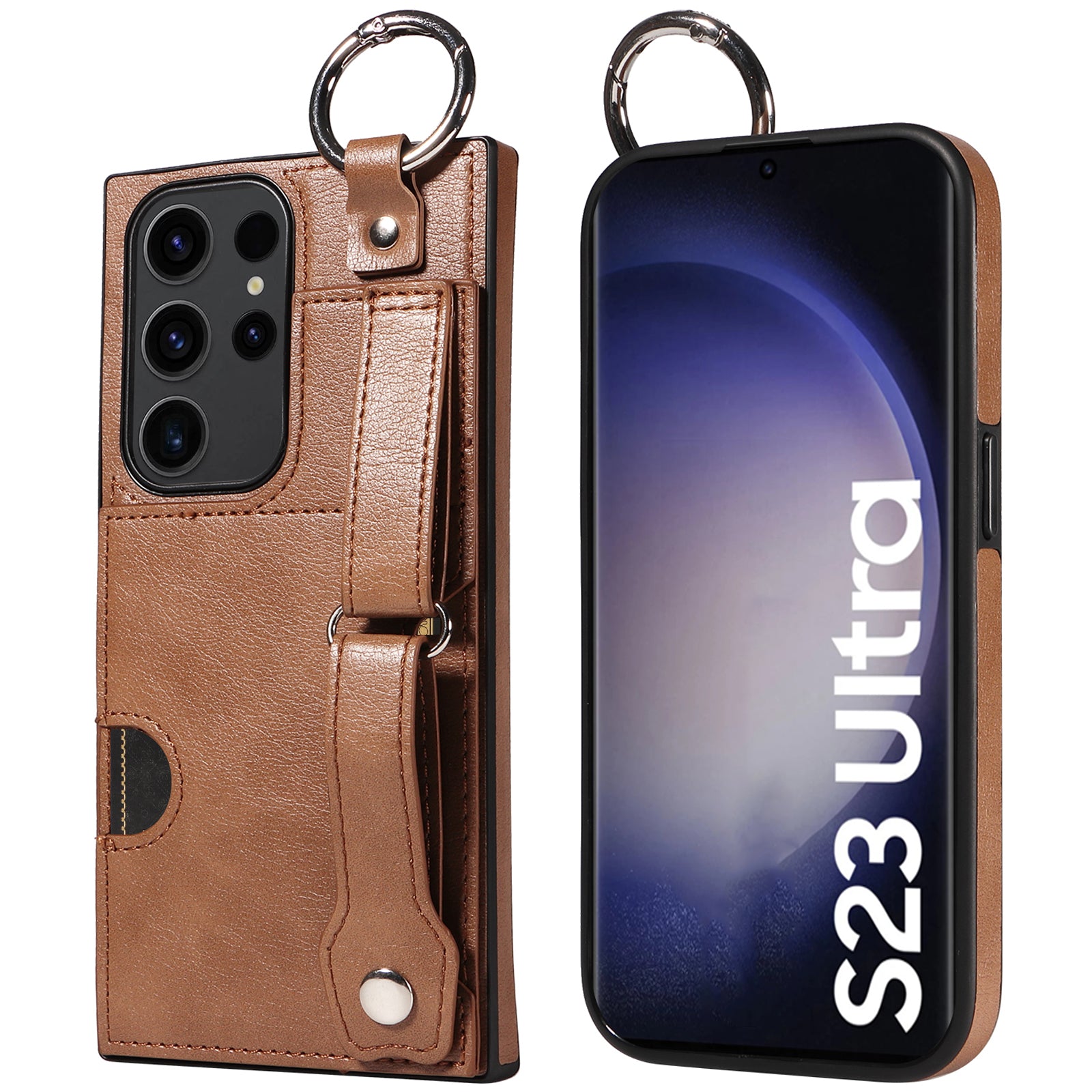 008 For Samsung Galaxy S23 Ultra Case Calf Texture Leather TPU Phone Cover with Kickstand - Brown
