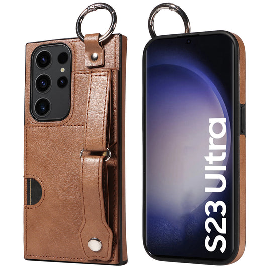008 For Samsung Galaxy S23 Ultra Case Calf Texture Leather TPU Phone Cover with Kickstand - Brown