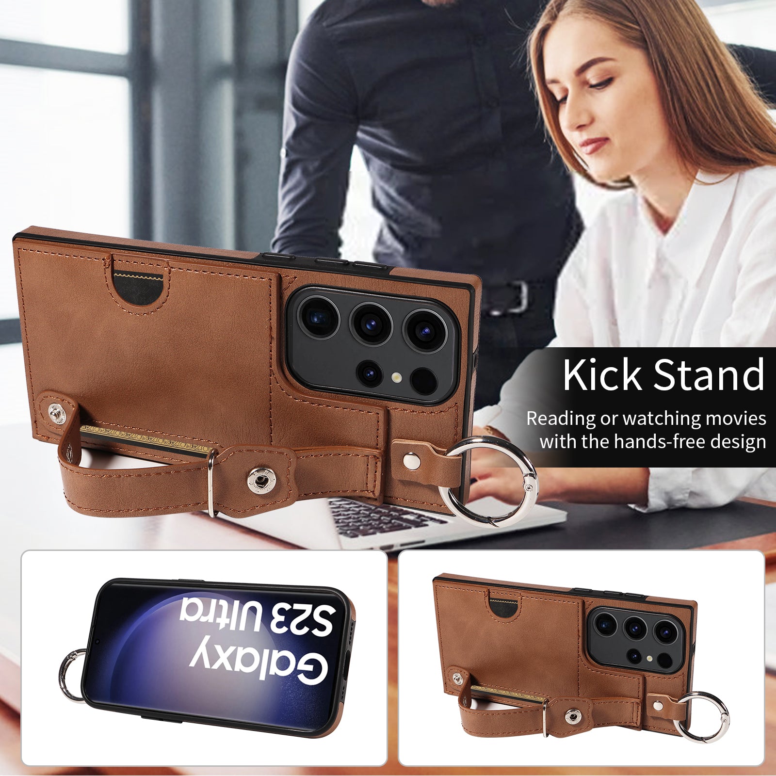 008 For Samsung Galaxy S23 Ultra Case Calf Texture Leather TPU Phone Cover with Kickstand - Brown