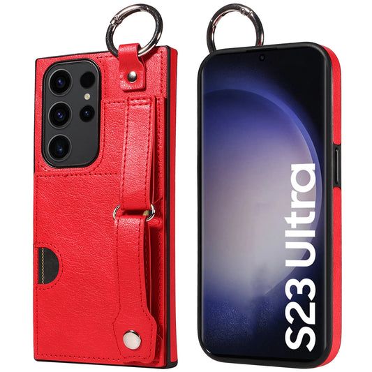 008 For Samsung Galaxy S23 Ultra Case Calf Texture Leather TPU Phone Cover with Kickstand - Red