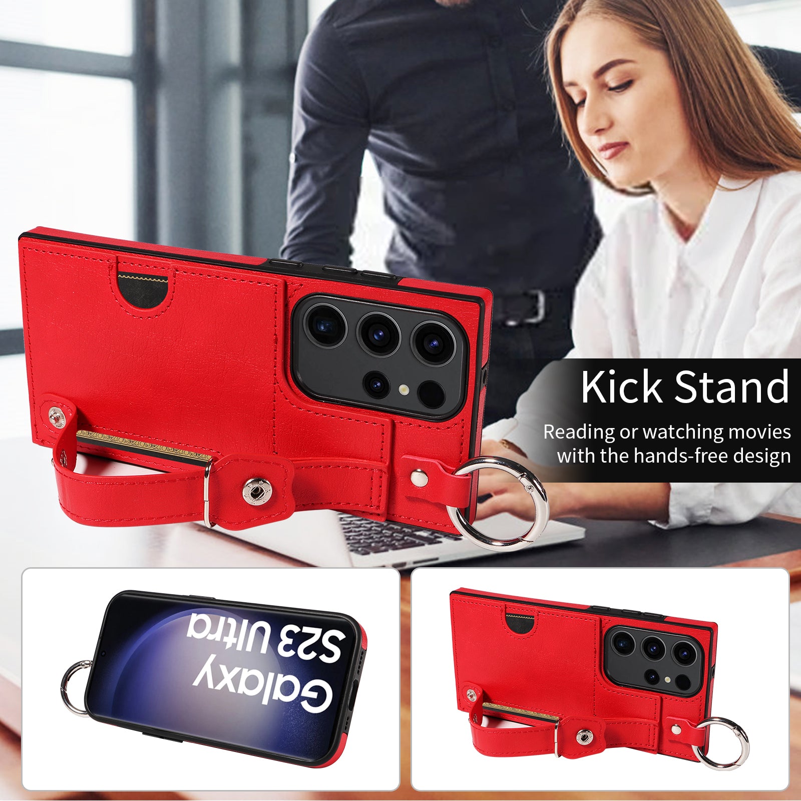 008 For Samsung Galaxy S23 Ultra Case Calf Texture Leather TPU Phone Cover with Kickstand - Red