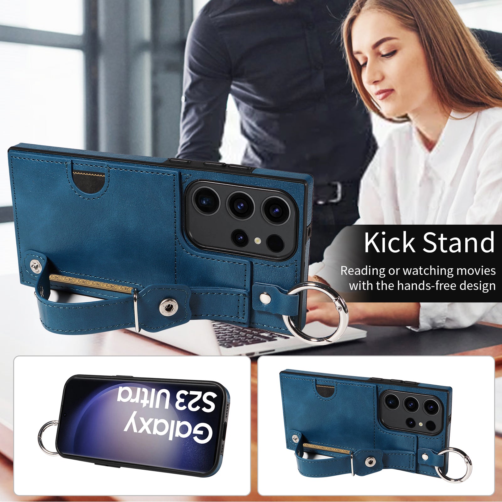 008 For Samsung Galaxy S23 Ultra Case Calf Texture Leather TPU Phone Cover with Kickstand - Blue