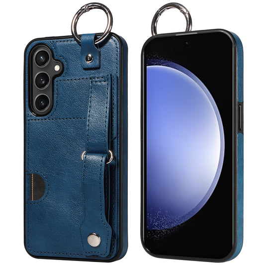 008 For Samsung Galaxy S23 FE Case Kickstand Card Slot Leather Coated TPU Phone Shell - Blue