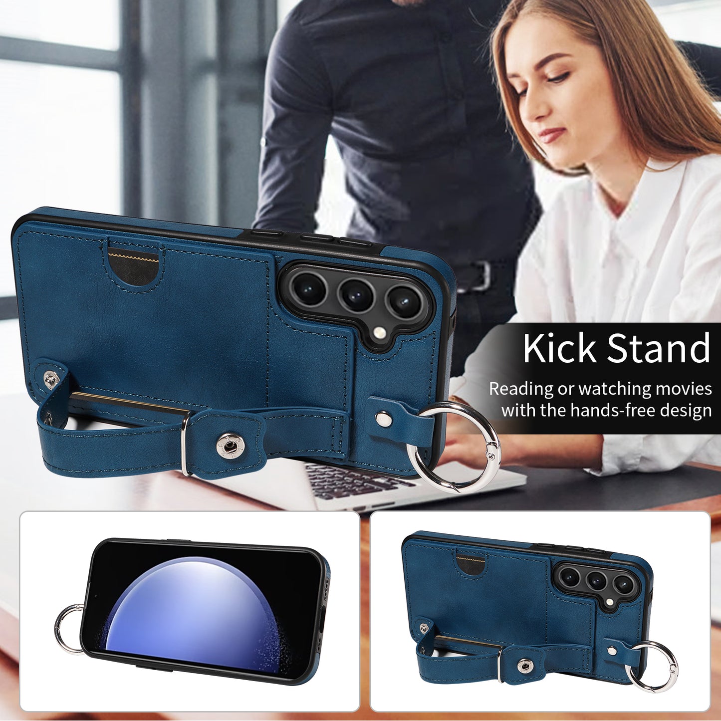 008 For Samsung Galaxy S23 FE Case Kickstand Card Slot Leather Coated TPU Phone Shell - Blue