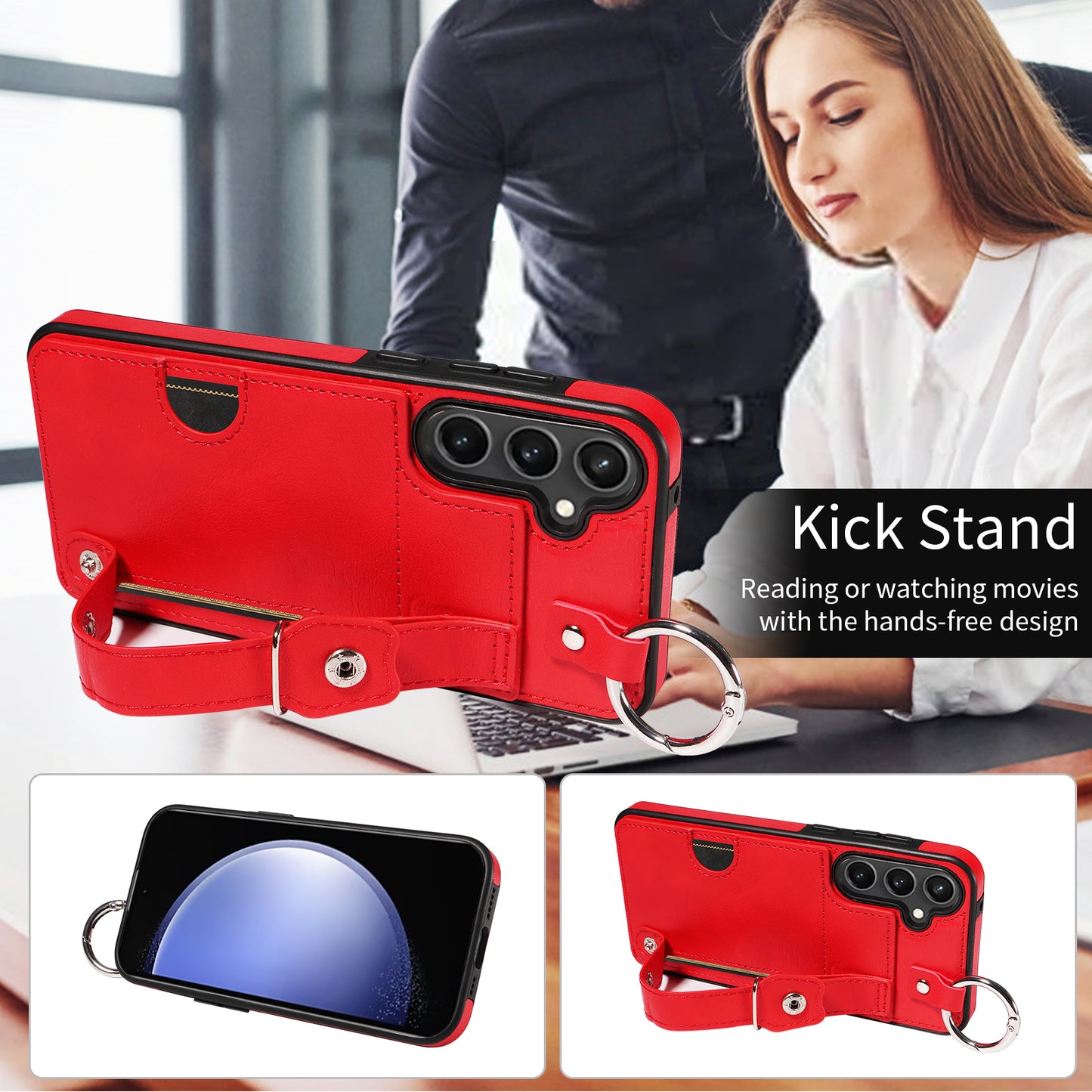 008 For Samsung Galaxy S23 FE Case Kickstand Card Slot Leather Coated TPU Phone Shell - Red