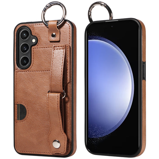 008 For Samsung Galaxy S23 FE Case Kickstand Card Slot Leather Coated TPU Phone Shell - Brown