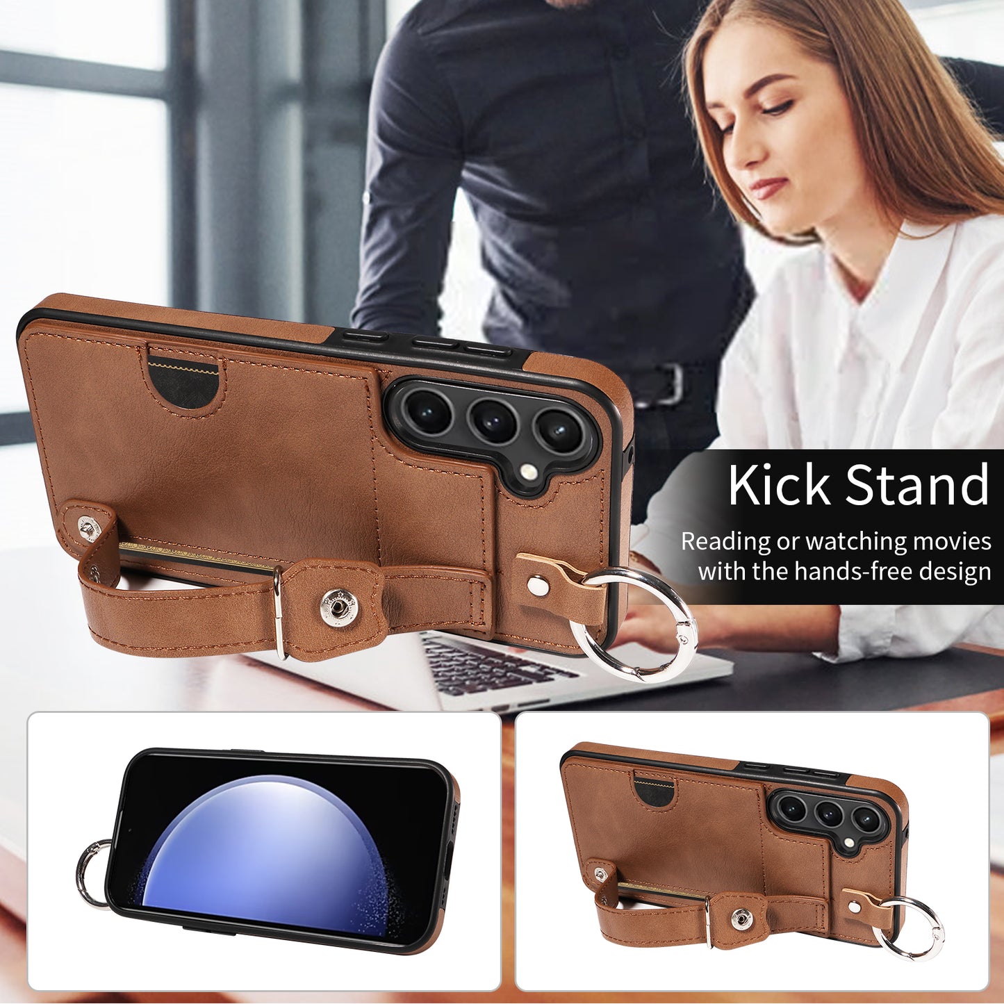 008 For Samsung Galaxy S23 FE Case Kickstand Card Slot Leather Coated TPU Phone Shell - Brown