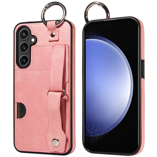 008 For Samsung Galaxy S23 FE Case Kickstand Card Slot Leather Coated TPU Phone Shell - Pink