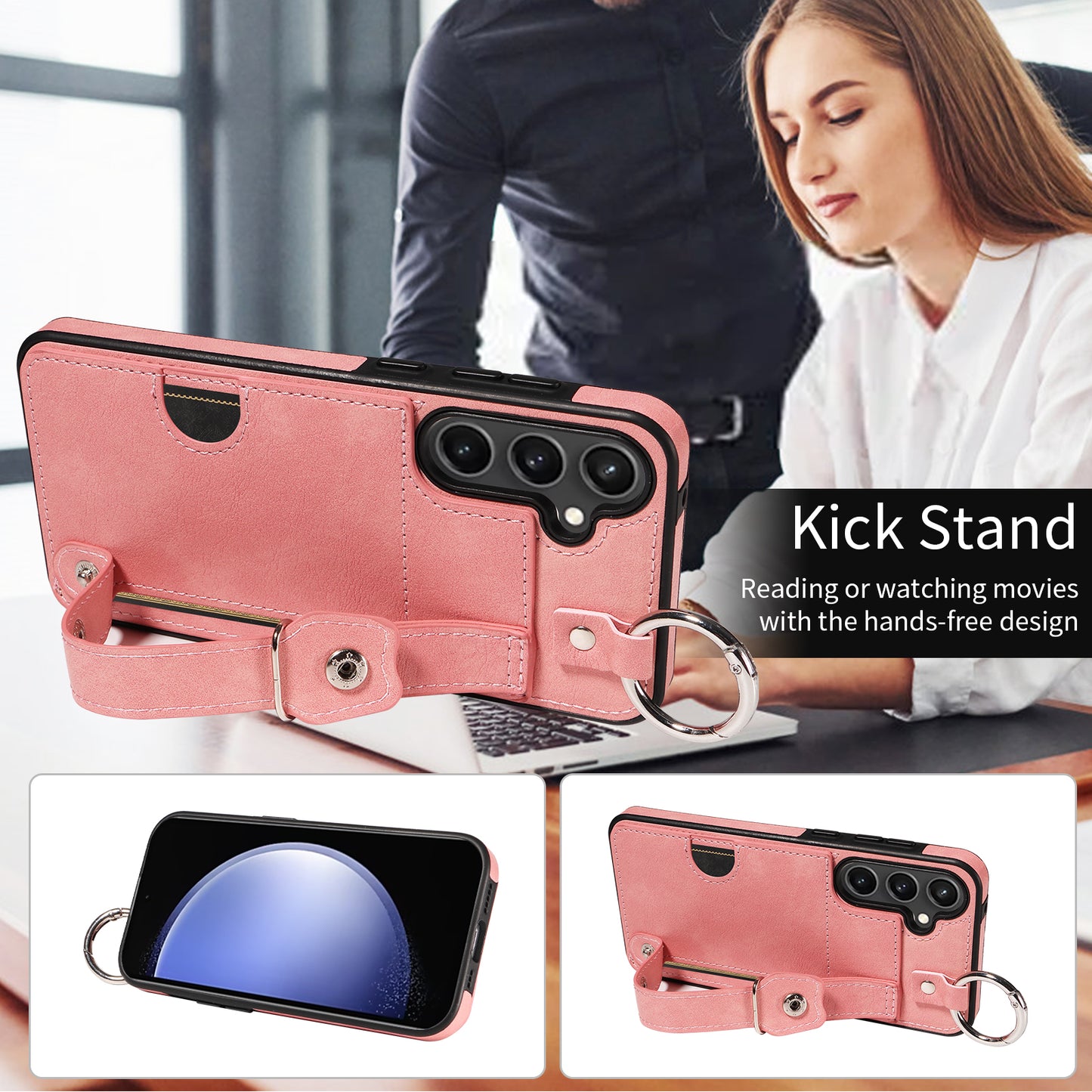 008 For Samsung Galaxy S23 FE Case Kickstand Card Slot Leather Coated TPU Phone Shell - Pink