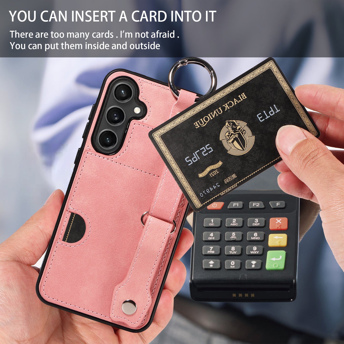 008 For Samsung Galaxy S23 FE Case Kickstand Card Slot Leather Coated TPU Phone Shell - Pink
