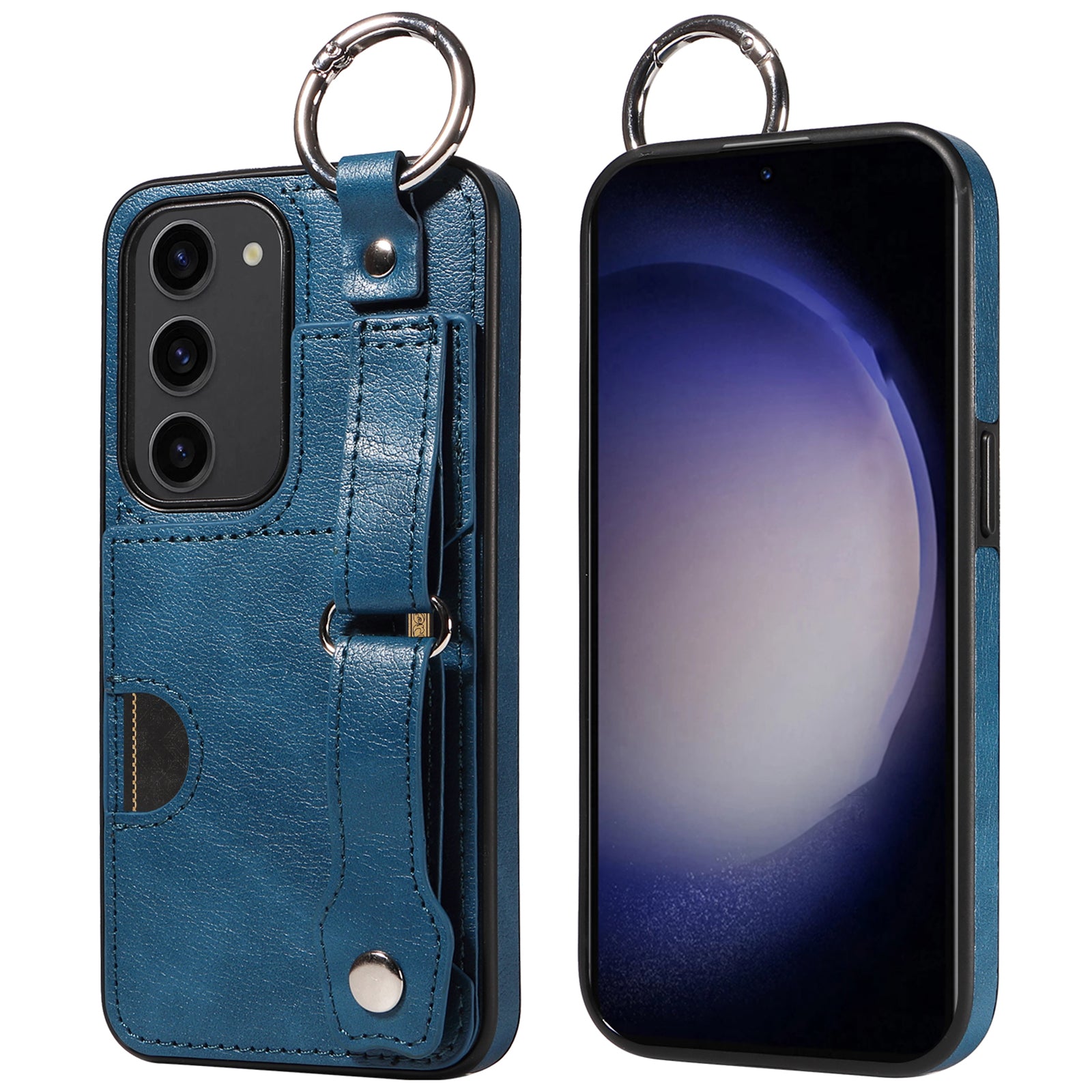 008 For Samsung Galaxy S23 Case Leather+TPU Protective Phone Cover with Ring Buckle - Blue