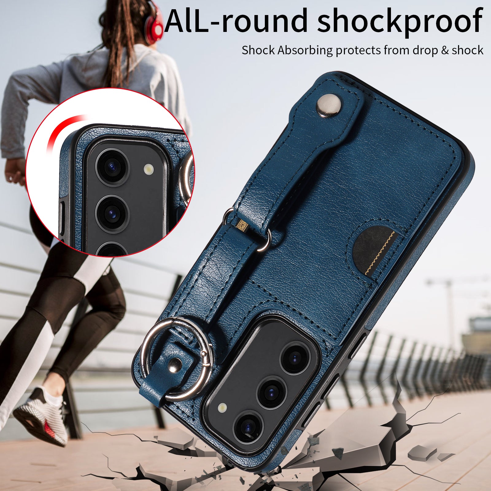 008 For Samsung Galaxy S23 Case Leather+TPU Protective Phone Cover with Ring Buckle - Blue