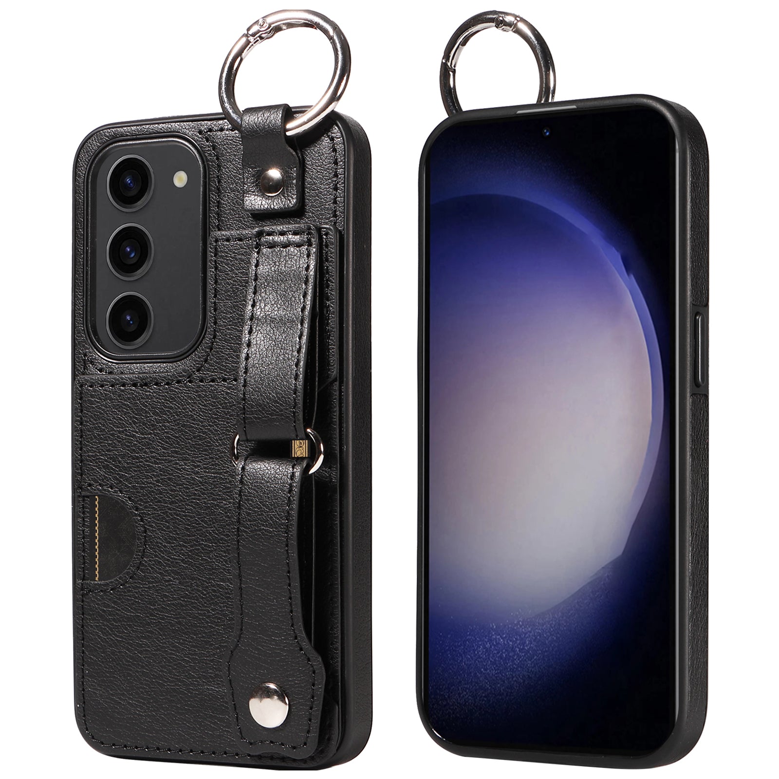 008 For Samsung Galaxy S23 Case Leather+TPU Protective Phone Cover with Ring Buckle - Black