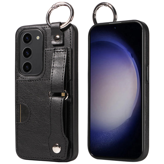 008 For Samsung Galaxy S23 Case Leather+TPU Protective Phone Cover with Ring Buckle - Black