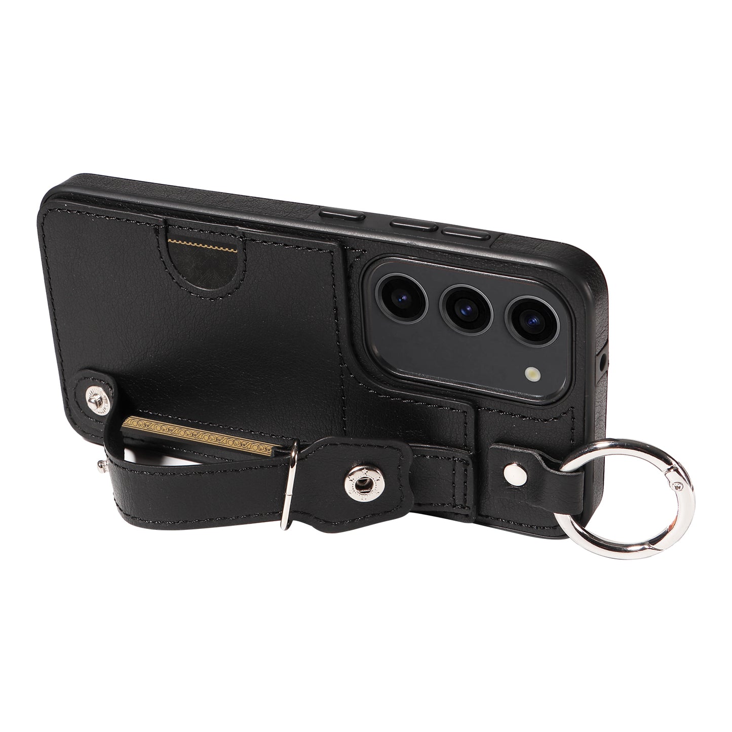 008 For Samsung Galaxy S23 Case Leather+TPU Protective Phone Cover with Ring Buckle - Black