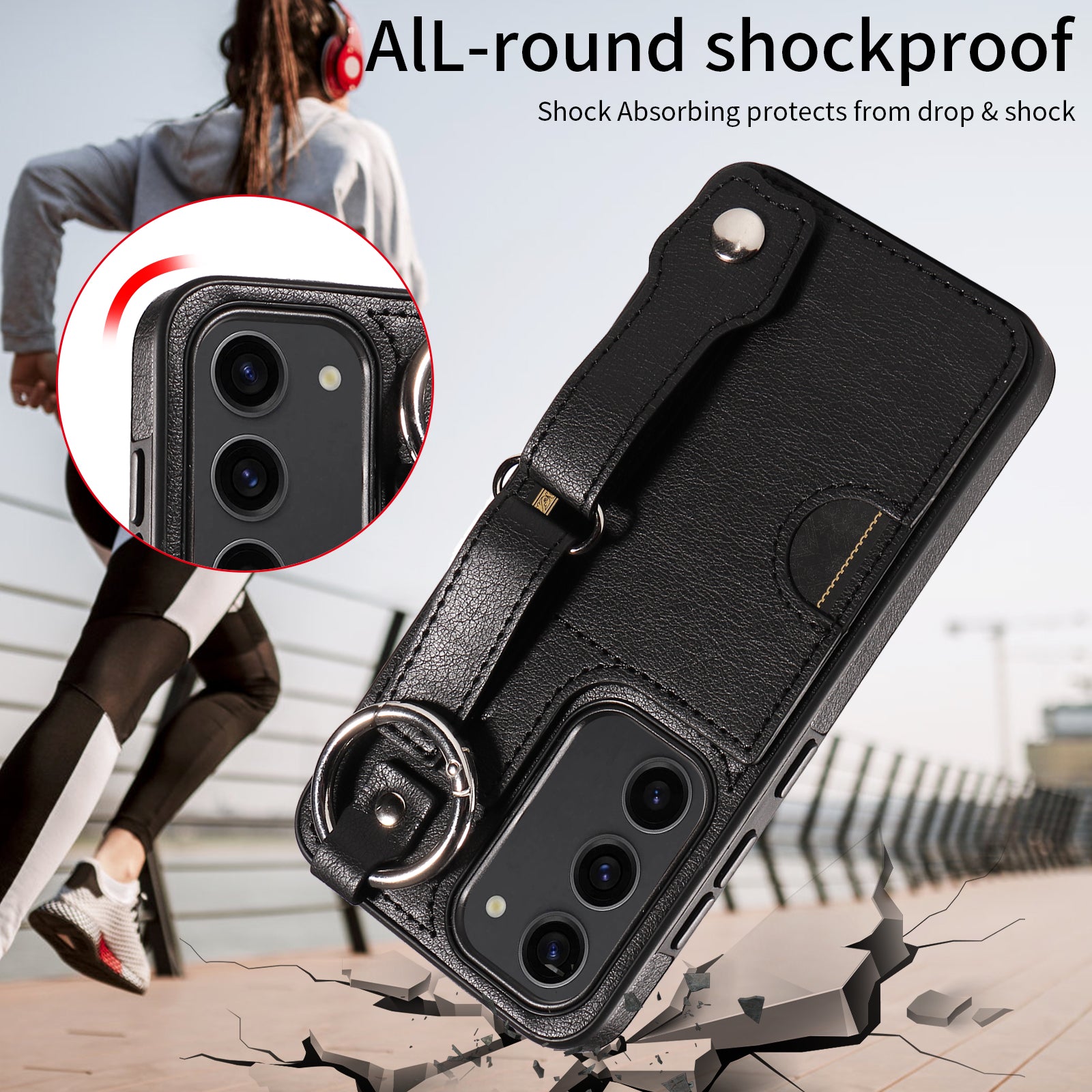 008 For Samsung Galaxy S23 Case Leather+TPU Protective Phone Cover with Ring Buckle - Black